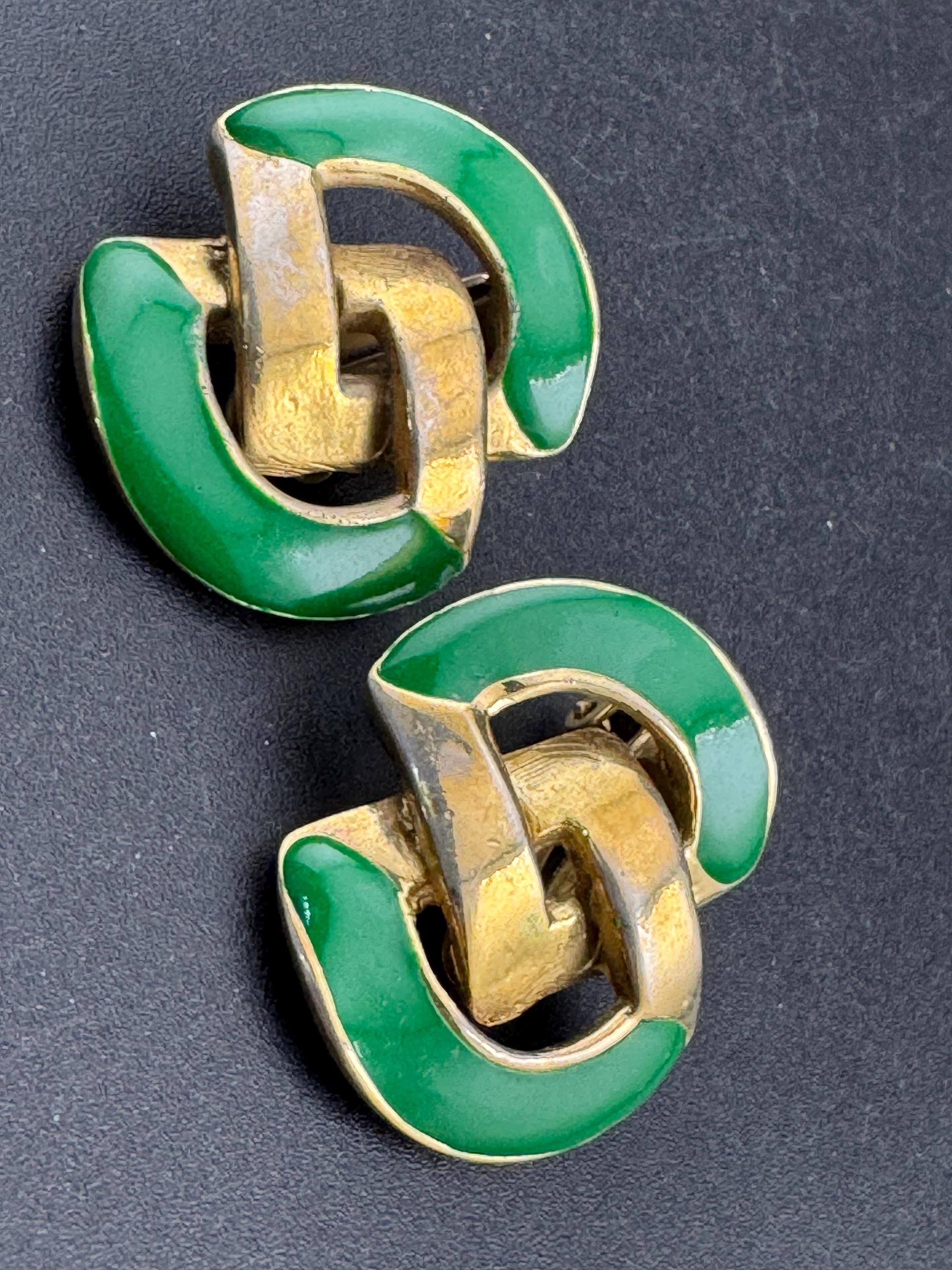 Vintage Oversized Gold Tone Clip On Earrings: Bright Green Enamel, 1980s Statement
