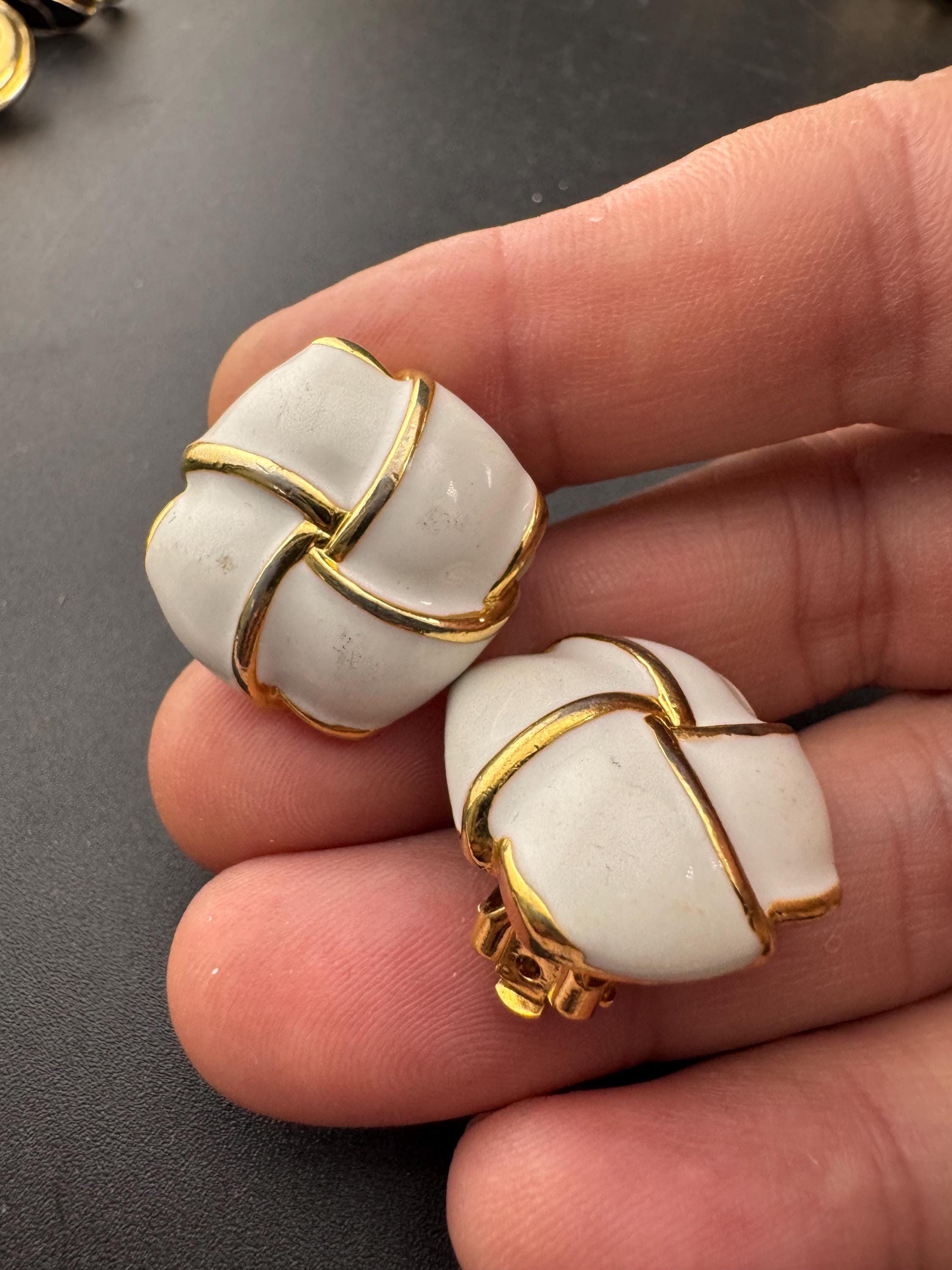 Vintage Retro Gold tone white gold square enamel clip on earrings 1980s 1990s statement