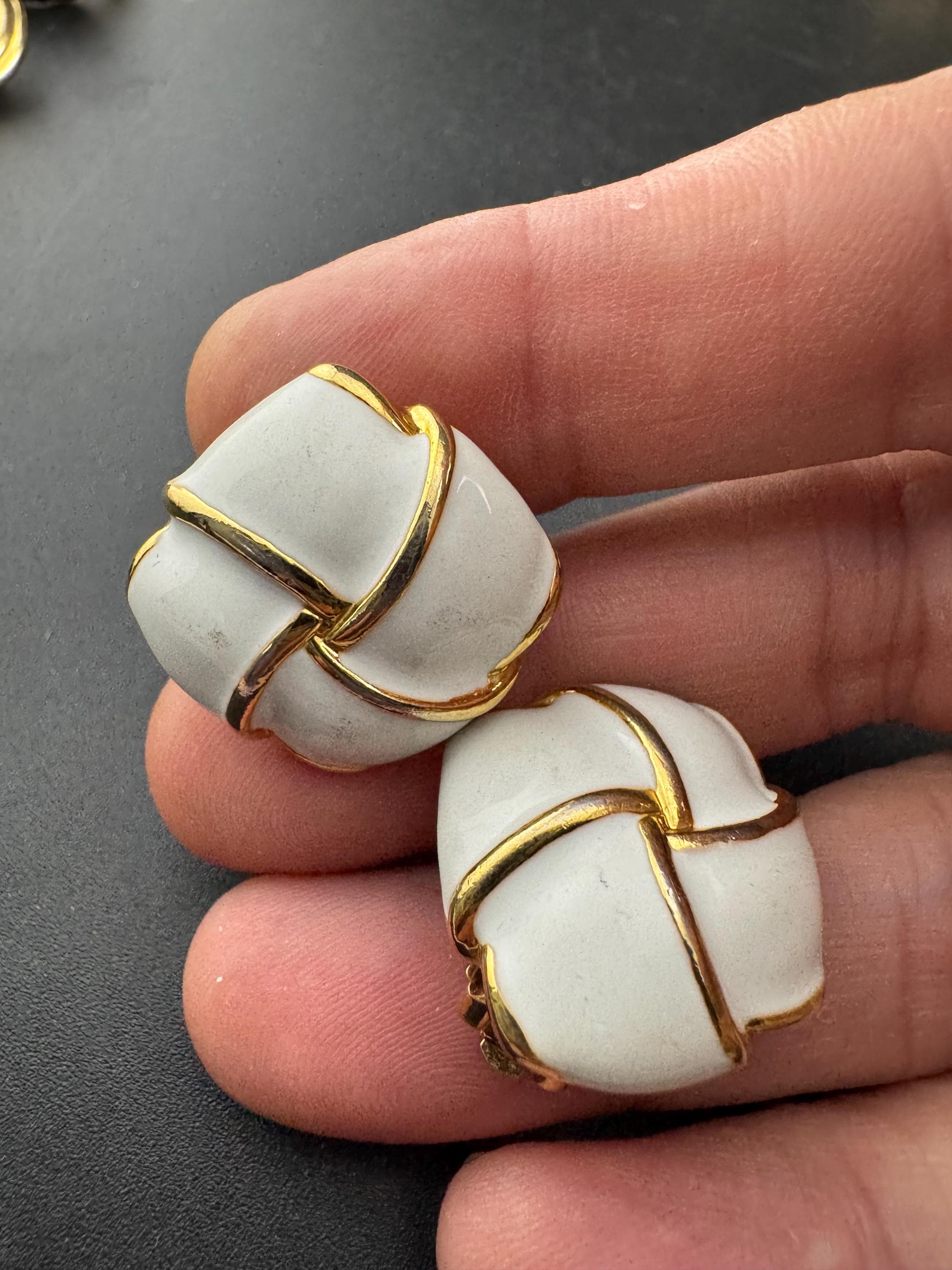 Vintage Retro Gold tone white gold square enamel clip on earrings 1980s 1990s statement