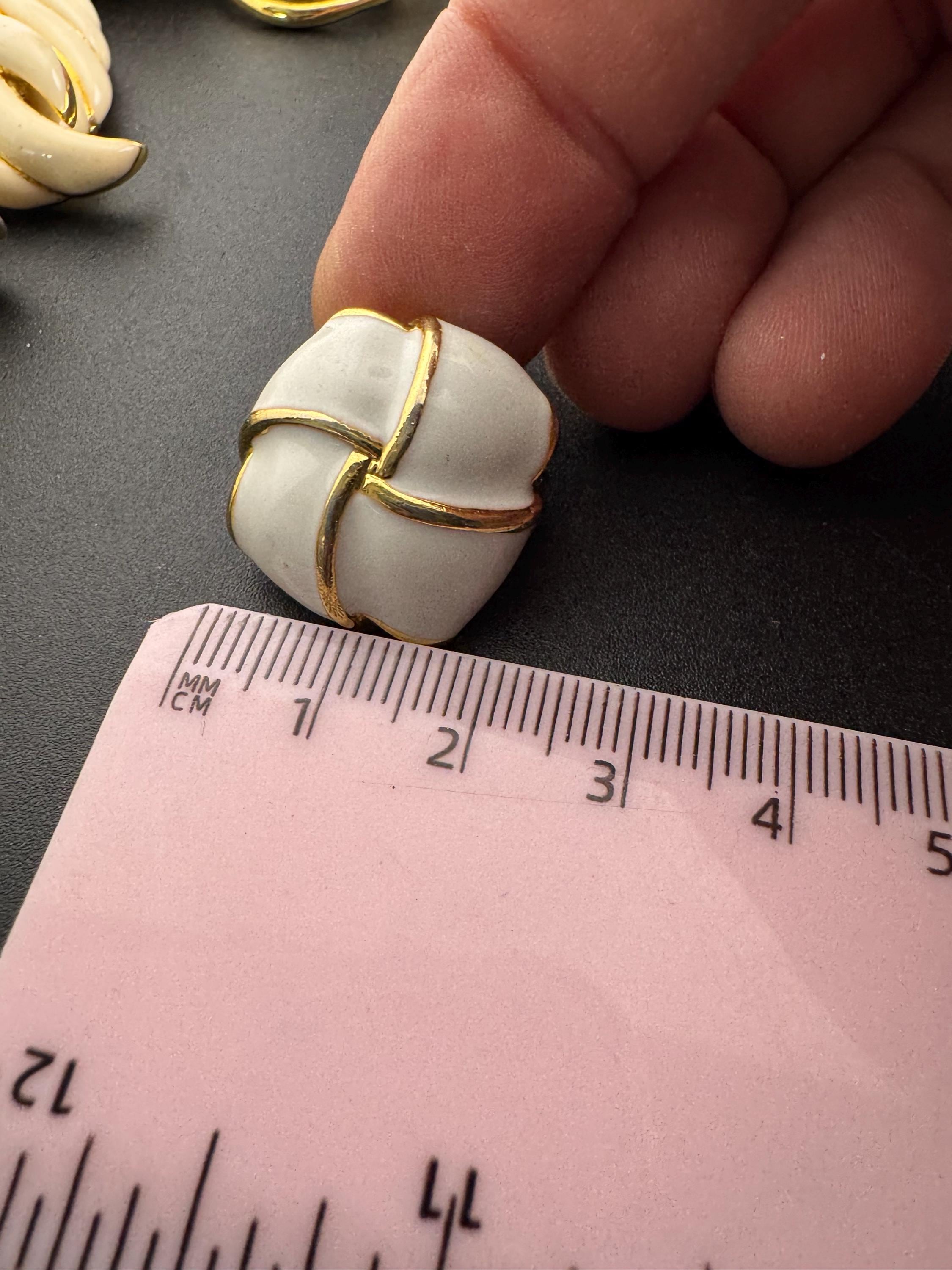 Vintage Retro Gold tone white gold square enamel clip on earrings 1980s 1990s statement