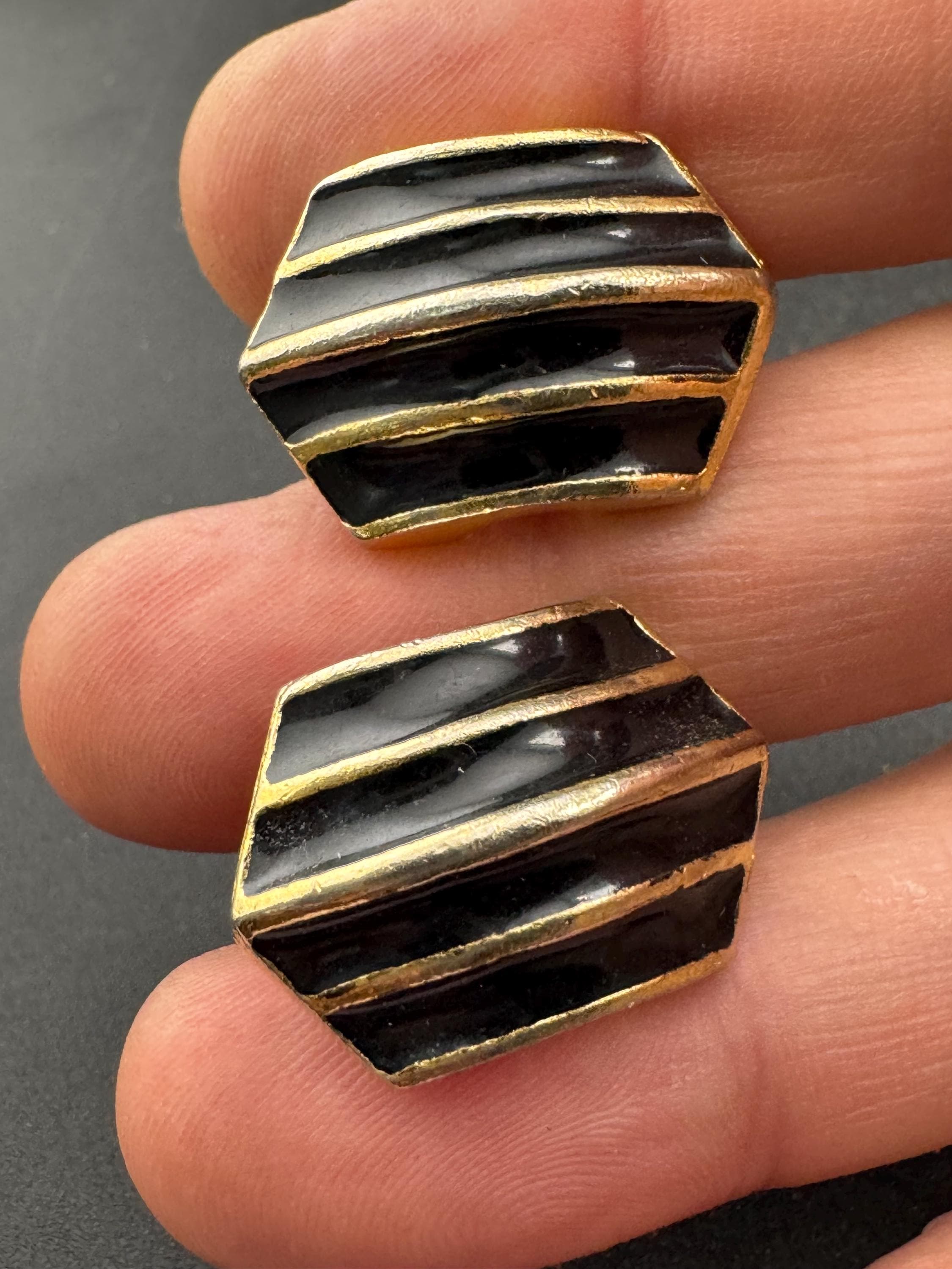 Vintage geometric shaped striped black enamel gold tone classic studs,  clip on earrings