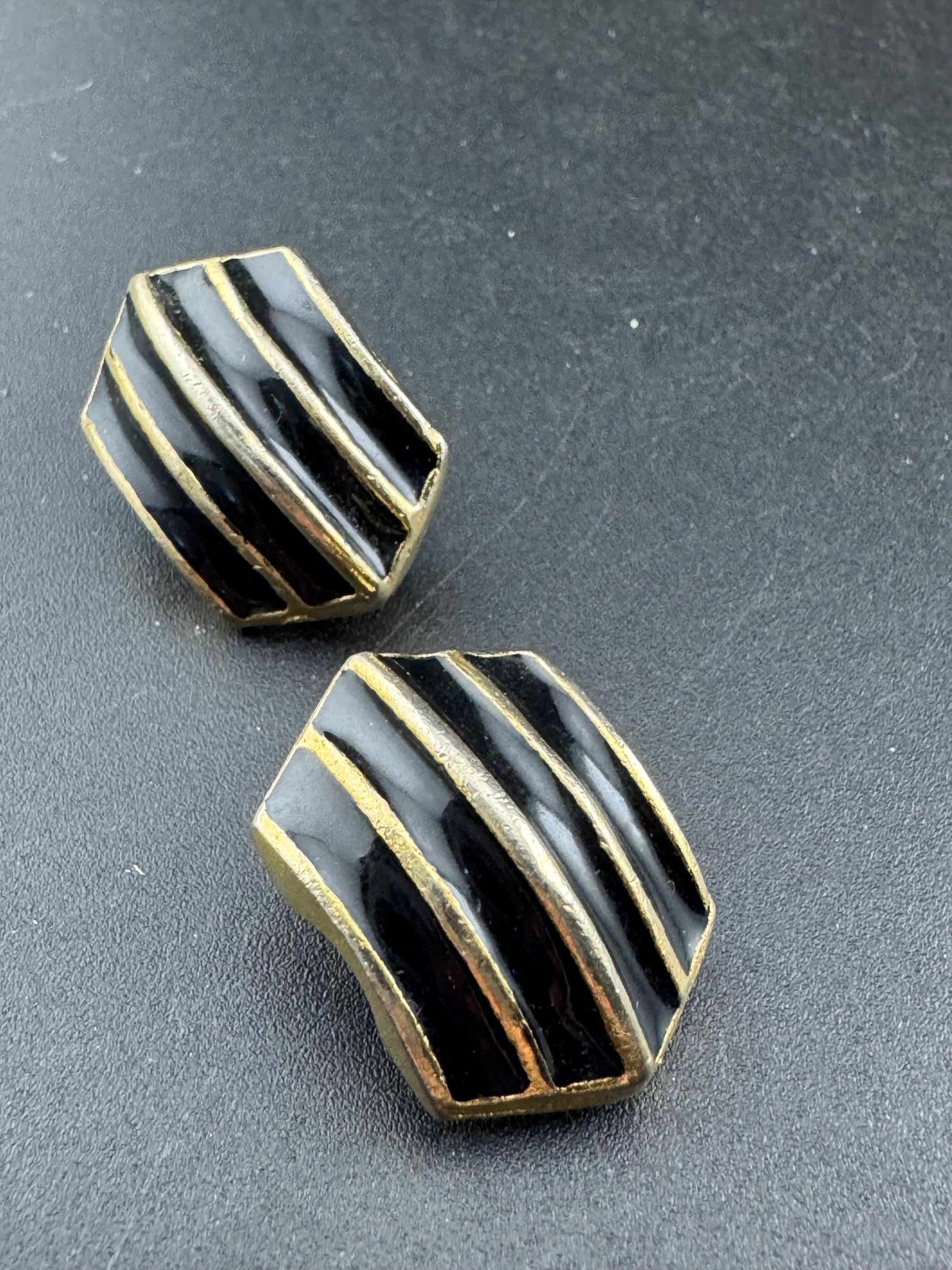 Vintage geometric shaped striped black enamel gold tone classic studs,  clip on earrings