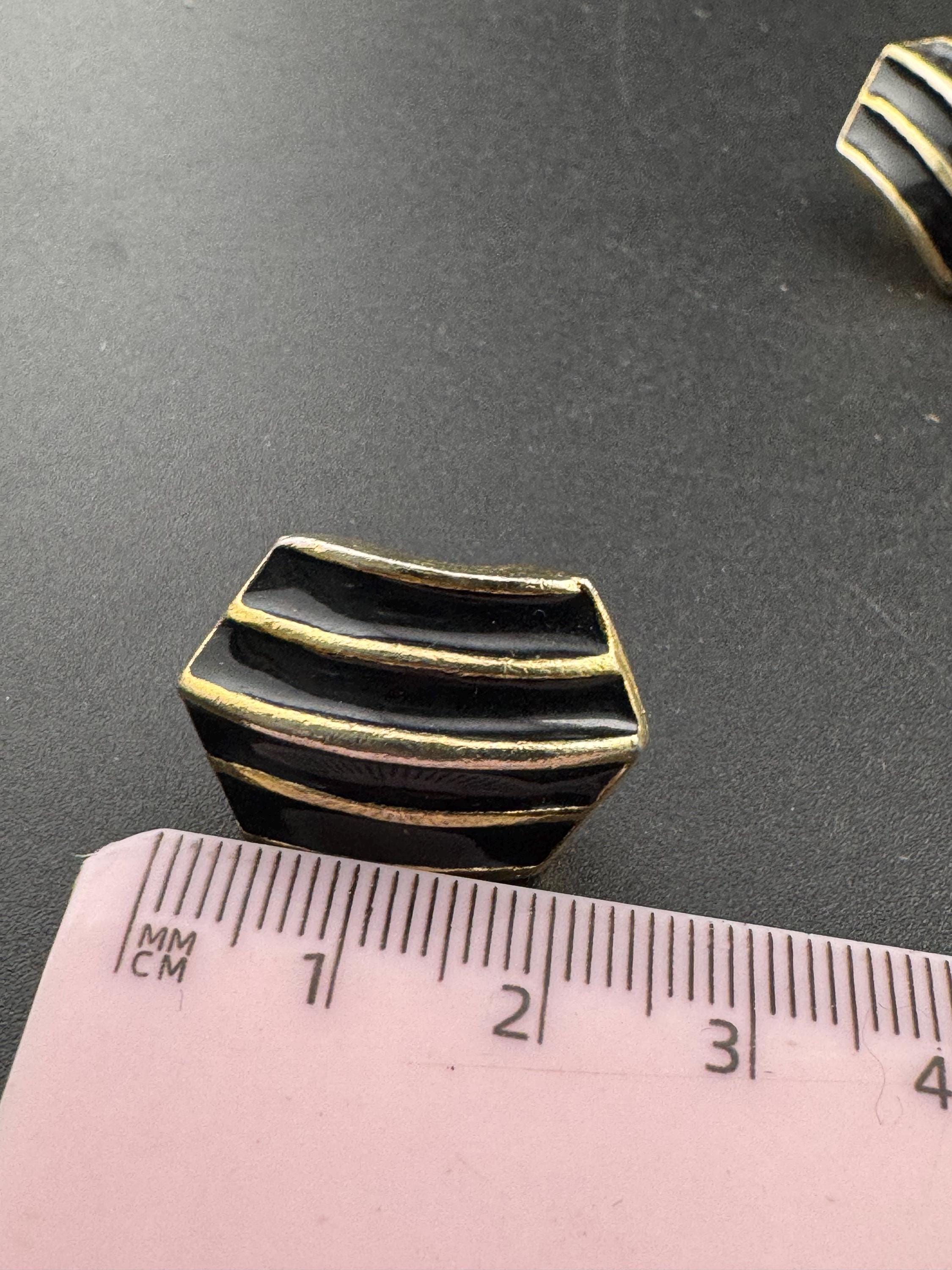 Vintage geometric shaped striped black enamel gold tone classic studs,  clip on earrings