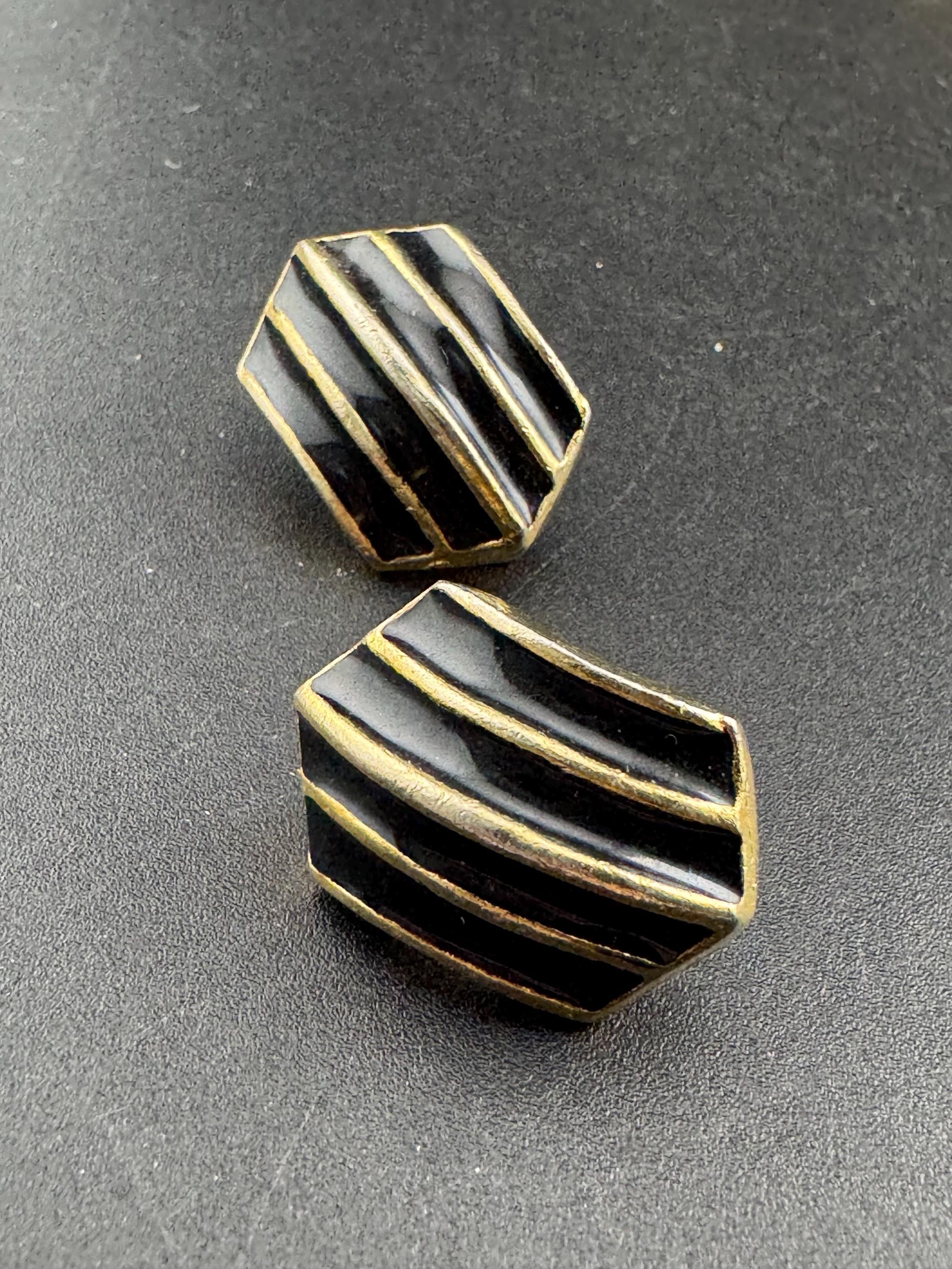 Vintage geometric shaped striped black enamel gold tone classic studs,  clip on earrings
