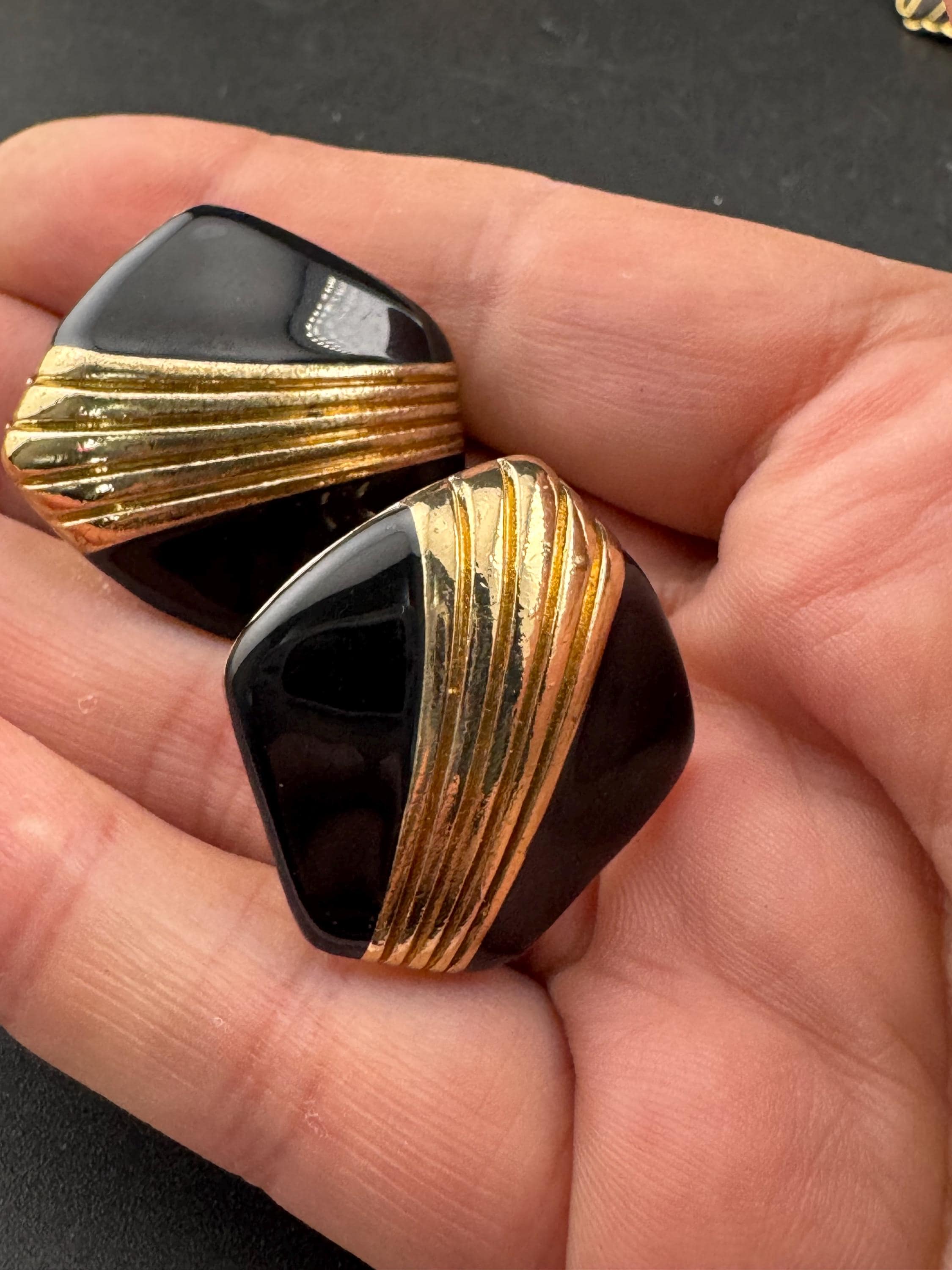 Vintage Gold tone oversized square black enamel art deco style geometric clip on earrings stud 1980s