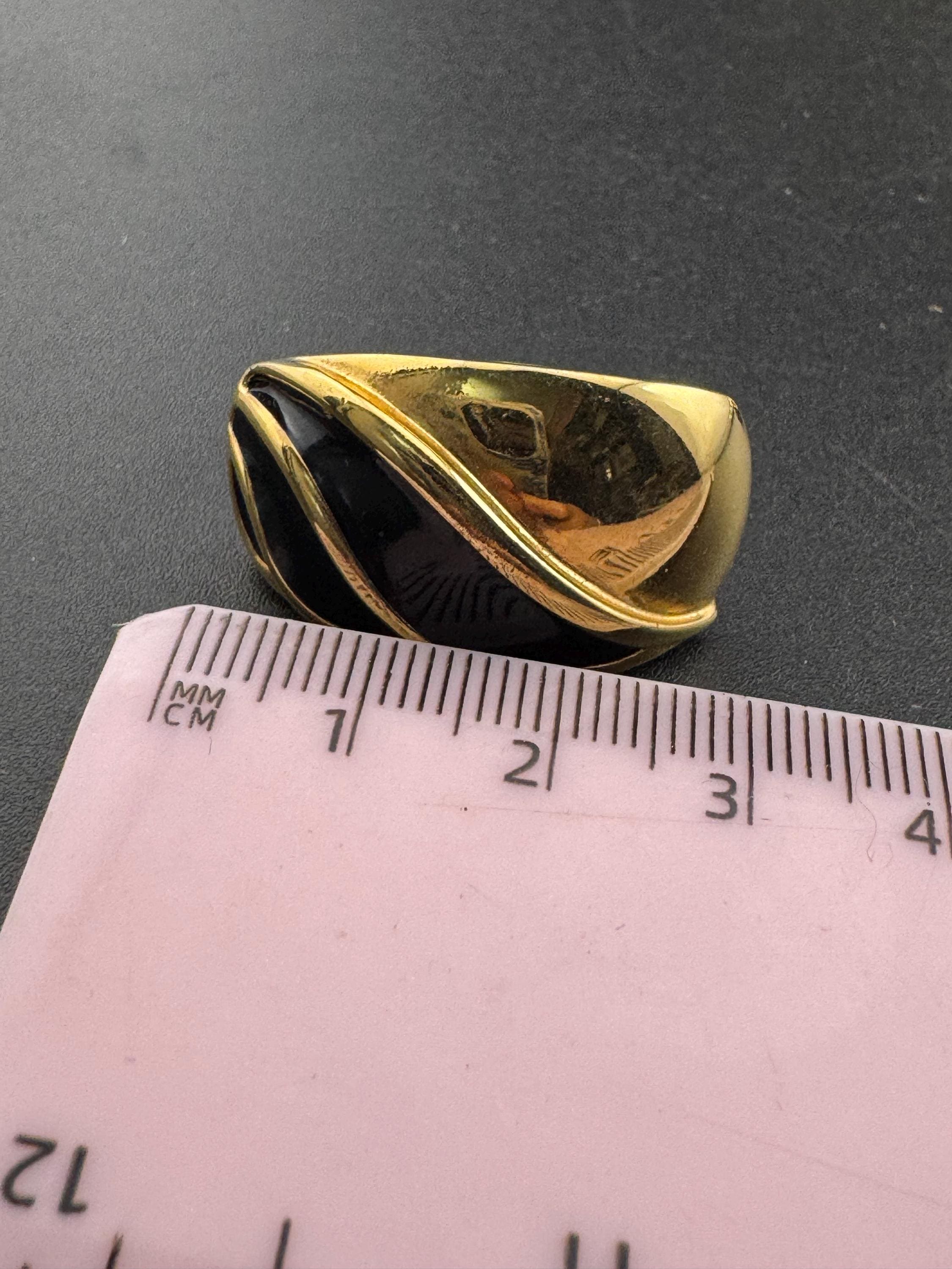 Vintage Gold tone oversized square black enamel swirl clip on earrings stud 1980s