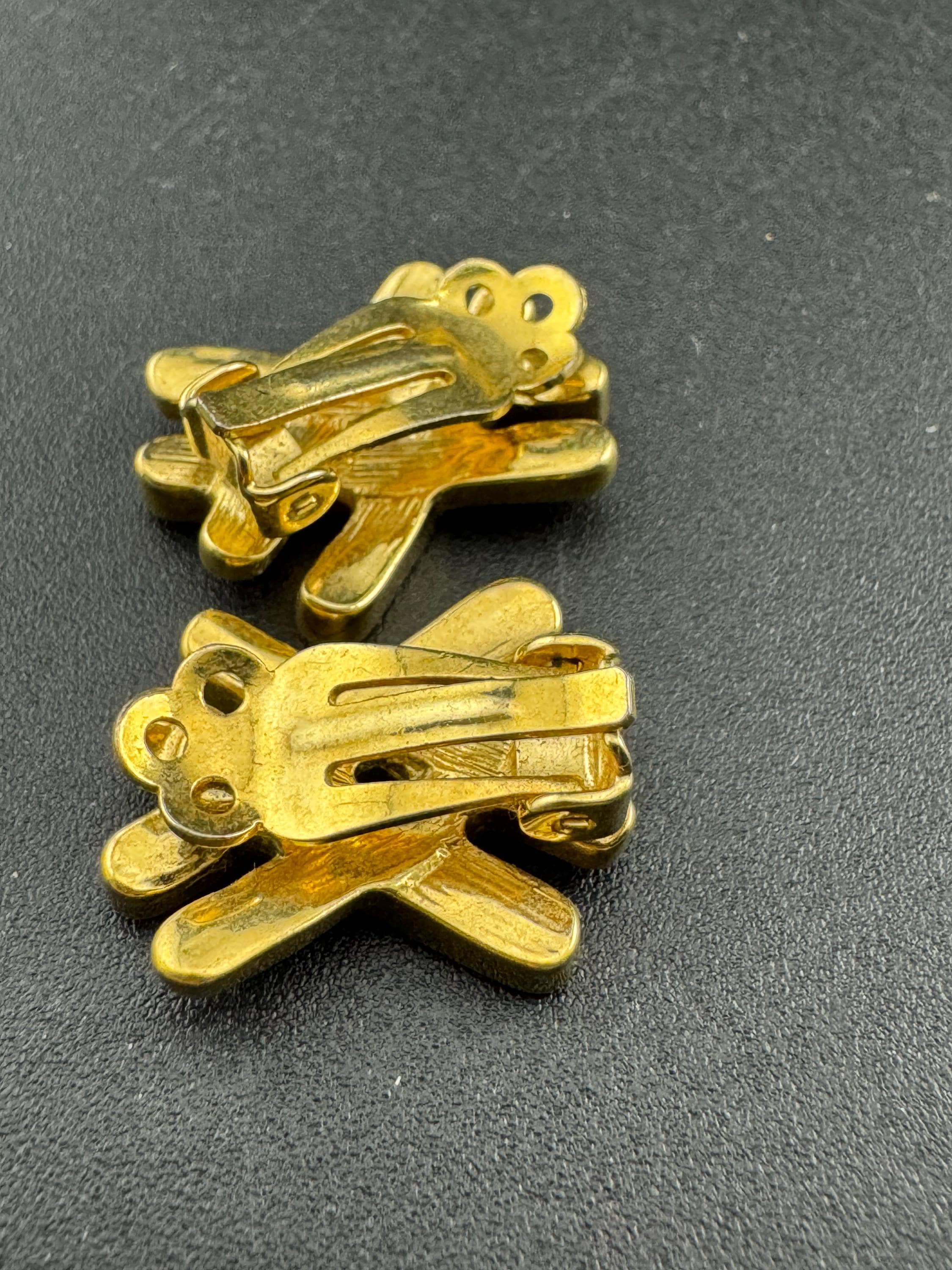 Vintage Gold tone black enamel clear diamanté paste geometric clip on earrings stud 1980s