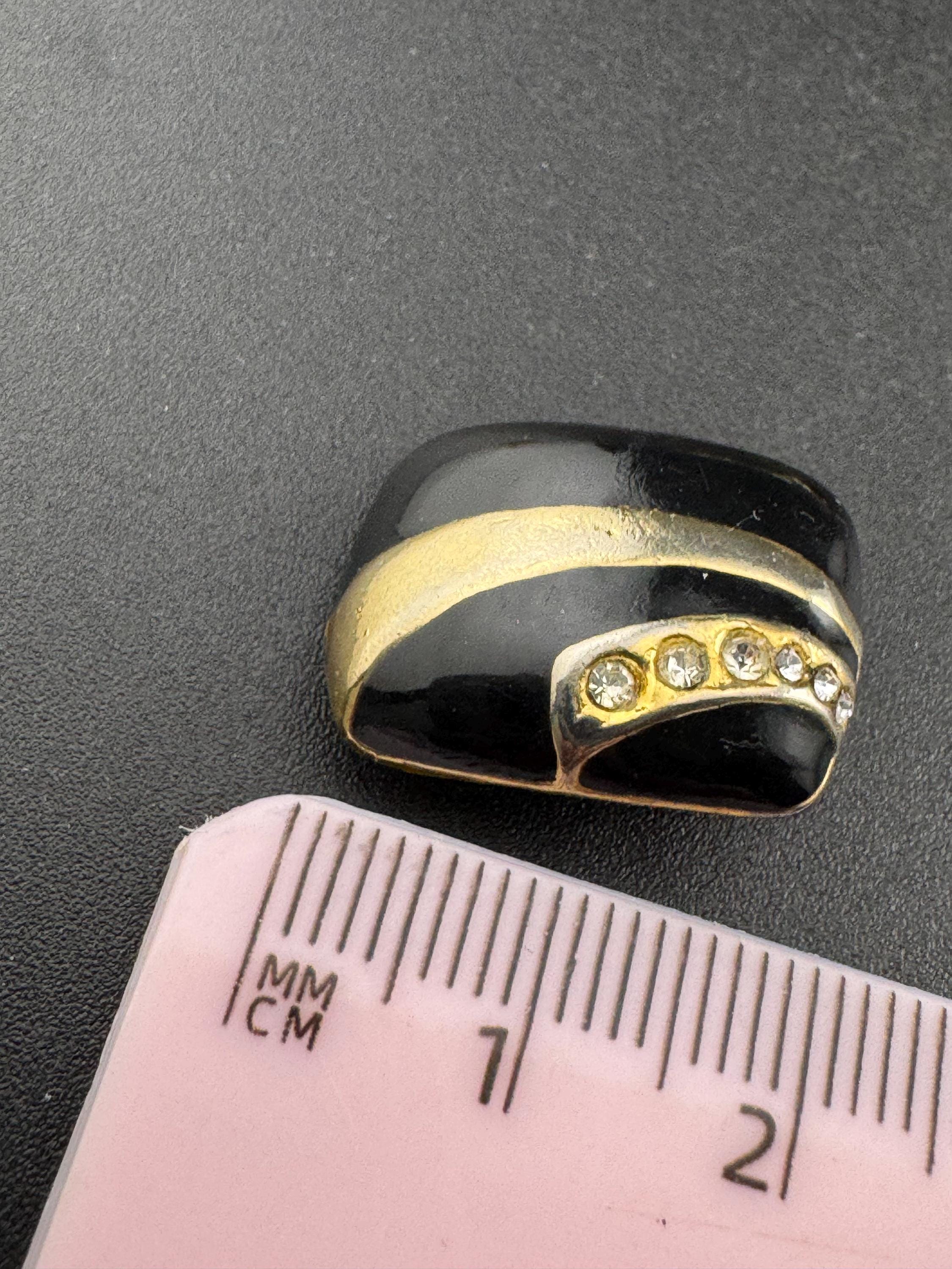 Vintage Gold Tone Clip On Earrings: Black Enamel Diamanté Geometric Studs