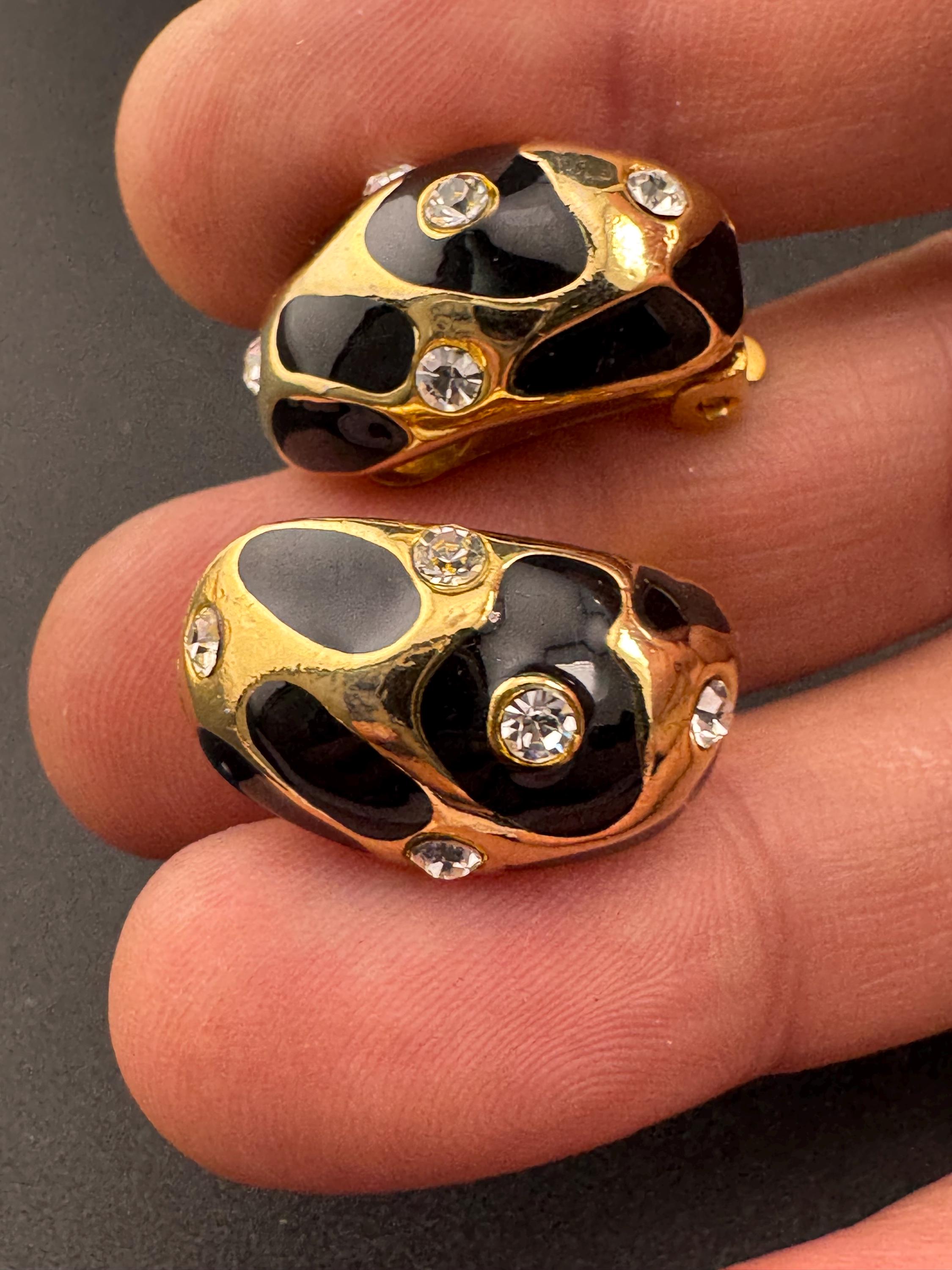 Vintage Gold Tone Clip On Earrings: Black Enamel Diamanté Geometric 1980s