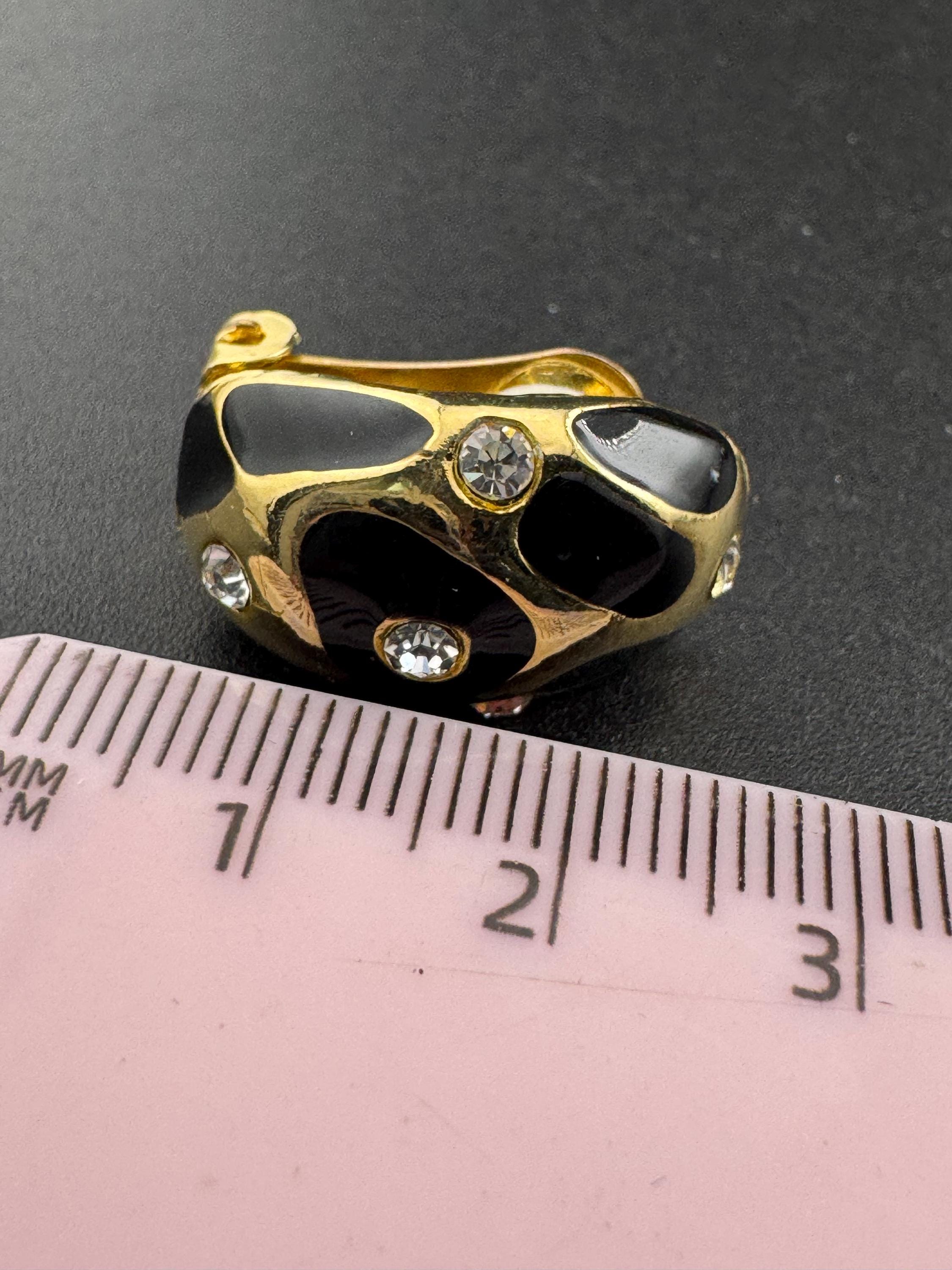 Vintage Gold Tone Clip On Earrings: Black Enamel Diamanté Geometric 1980s