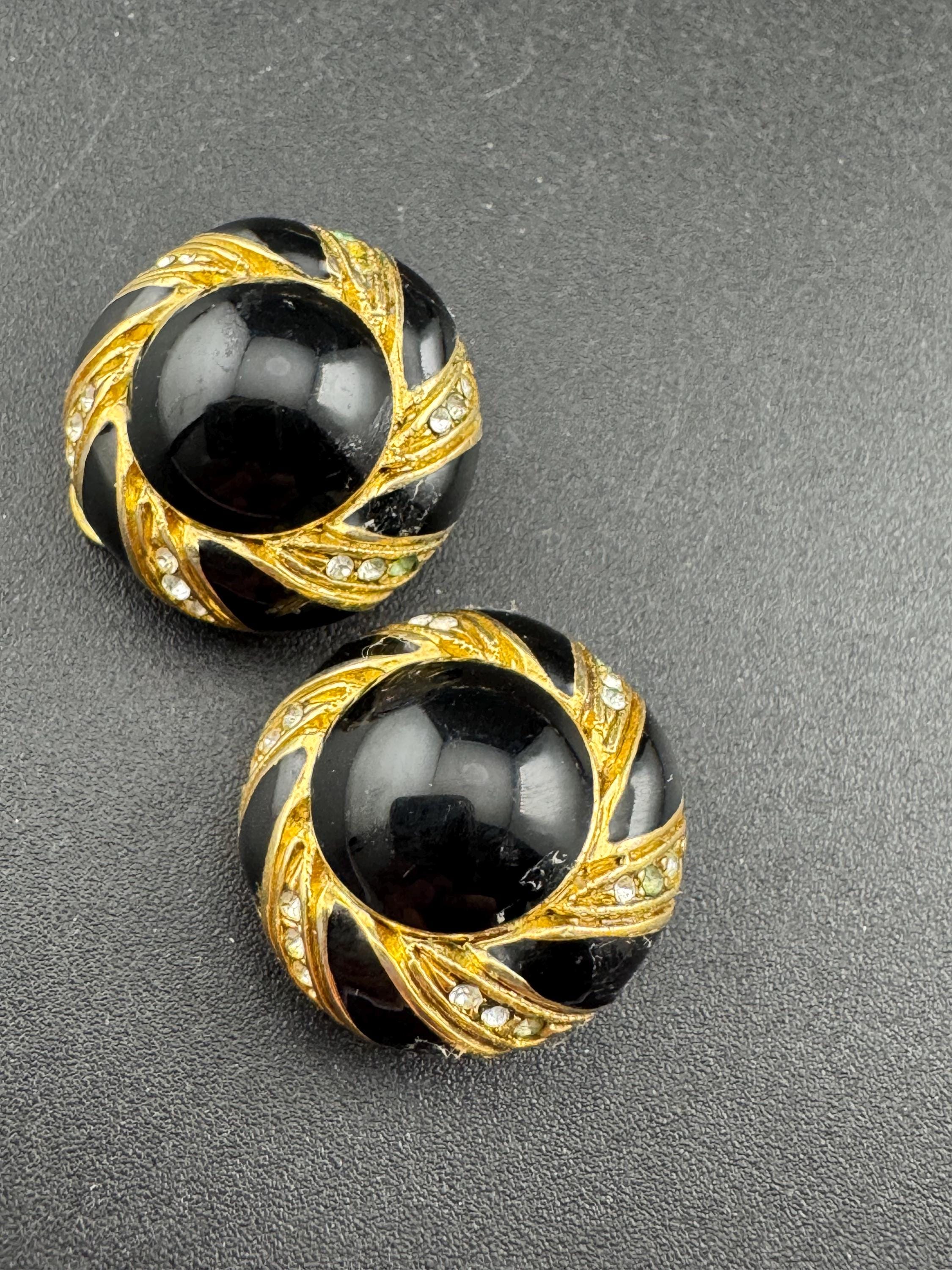 Vintage Gold Tone Clip On Earrings: Black Enamel Diamanté Geometric Dome, 1980s
