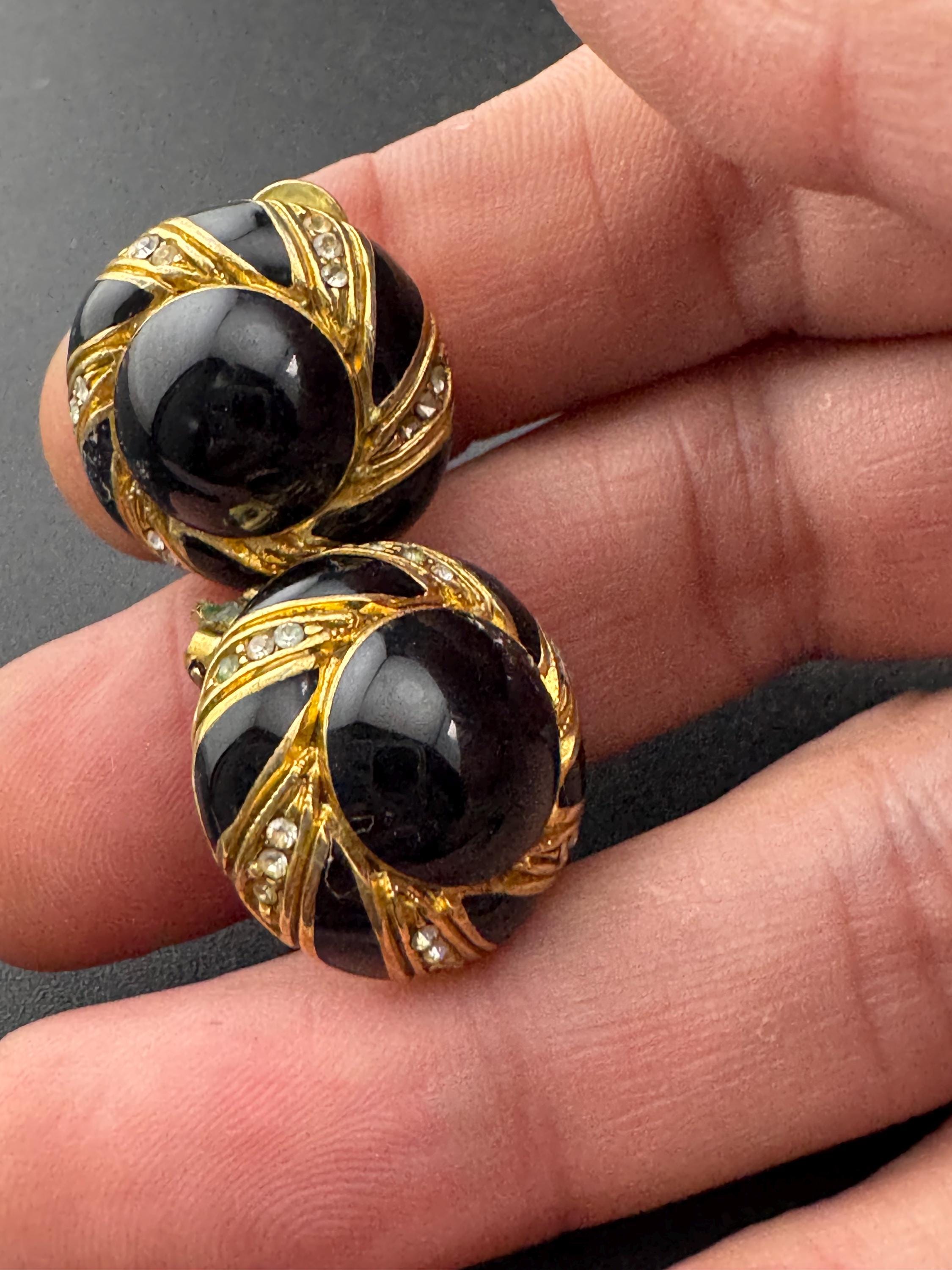 Vintage Gold Tone Clip On Earrings: Black Enamel Diamanté Geometric Dome, 1980s