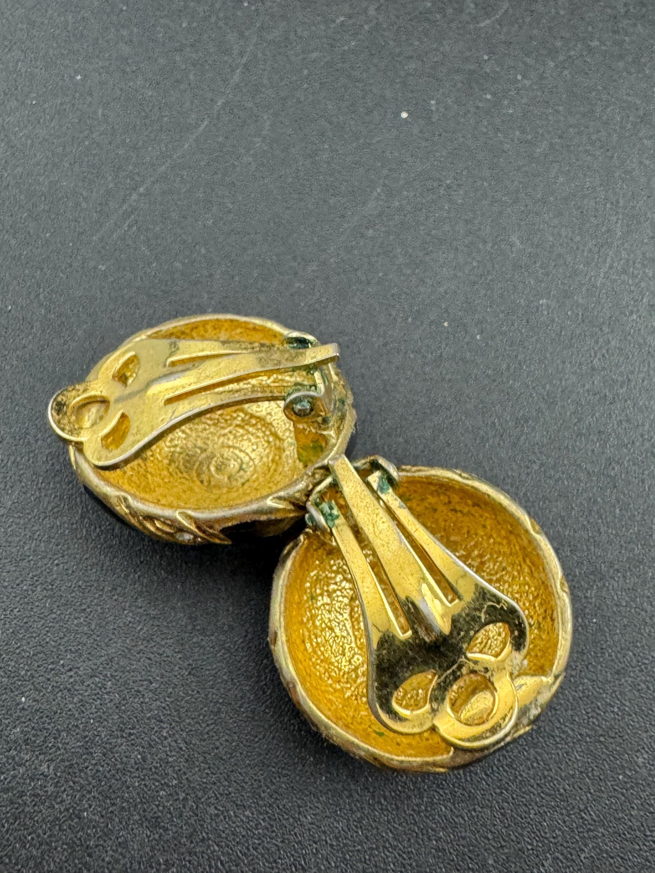 Vintage Gold Tone Clip On Earrings: Black Enamel Diamanté Geometric Dome, 1980s