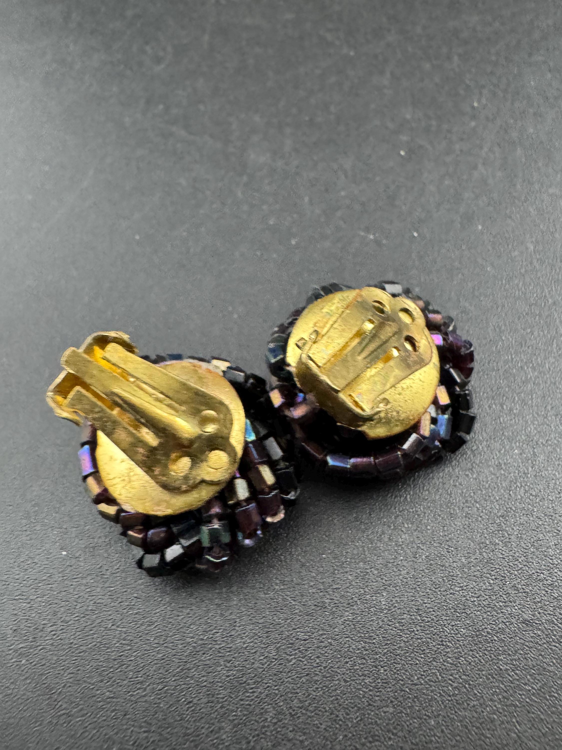 black rainbow lustre glass seed turban KNOT Cluster Clip On Earrings