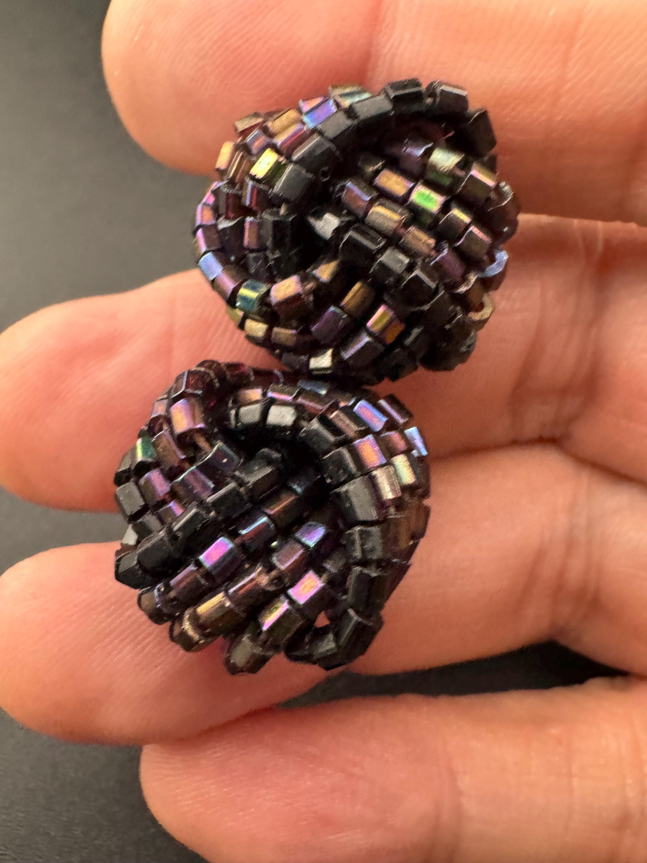 black rainbow lustre glass seed turban KNOT Cluster Clip On Earrings