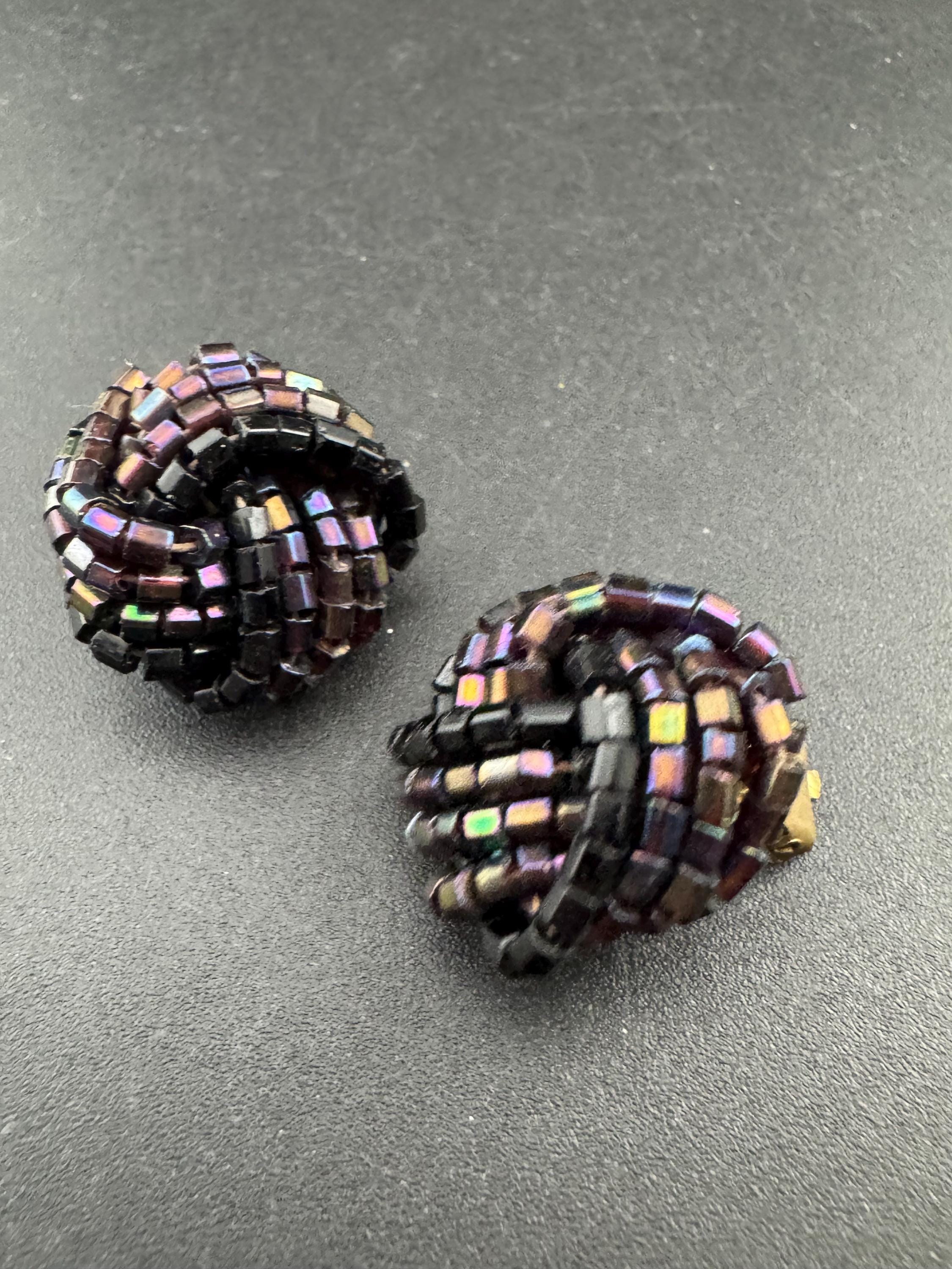 black rainbow lustre glass seed turban KNOT Cluster Clip On Earrings