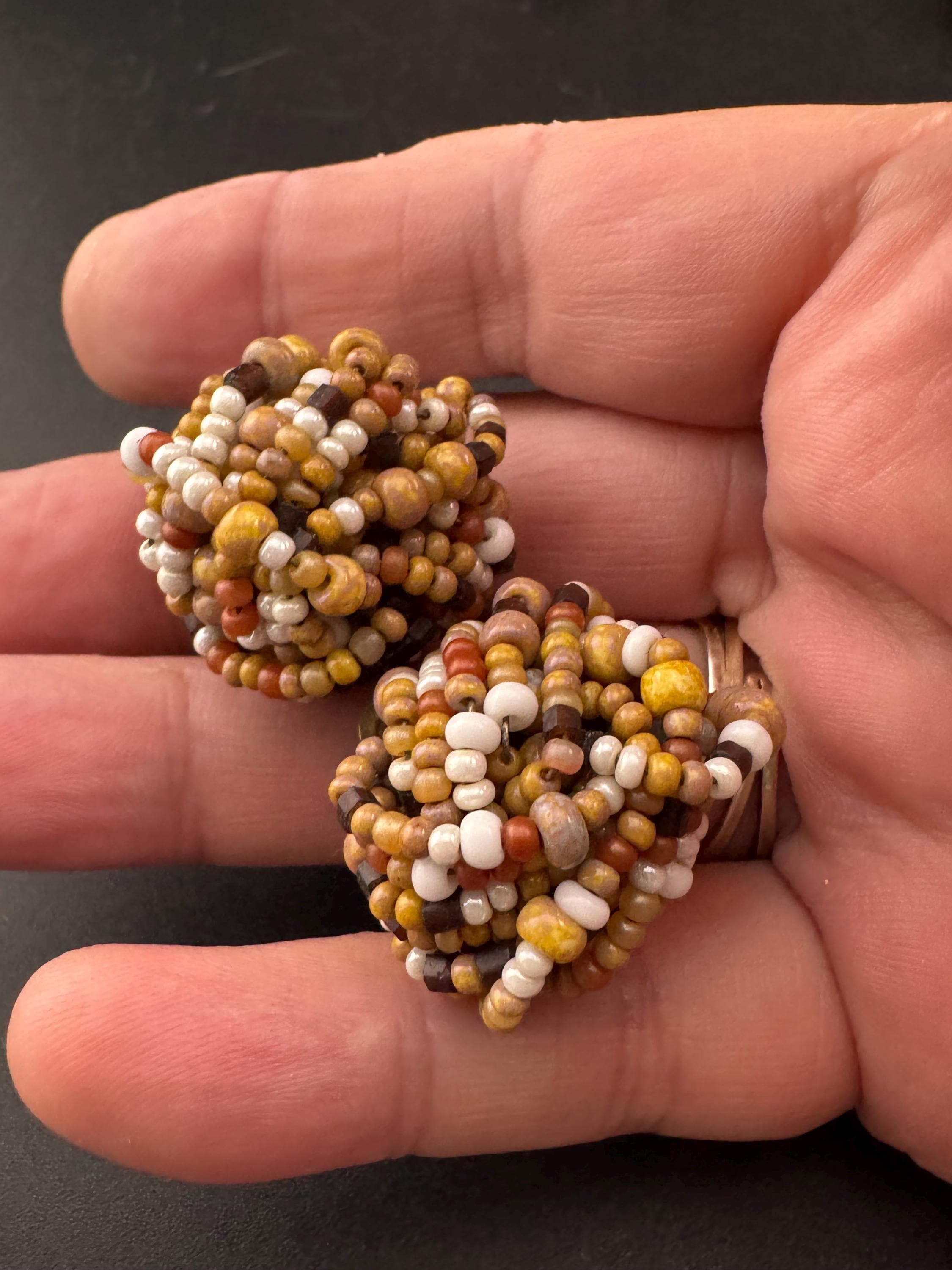 Vintage Funky Taupe pearl Brown  seed beaded KNOT Cluster Clip On turban Earrings