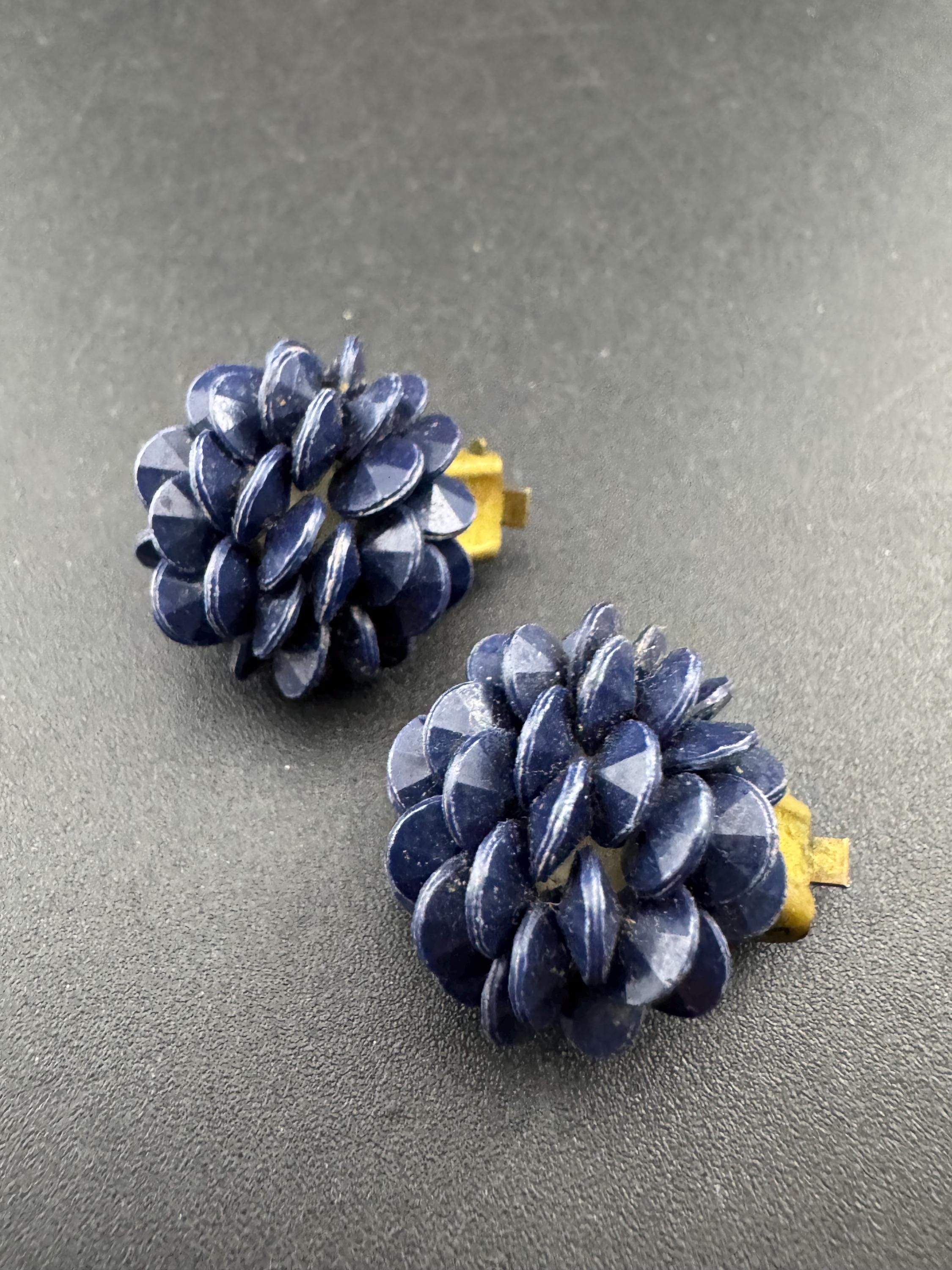 Vintage west Germany dark blue floral plastic beaded Cluster Clip On Earrings