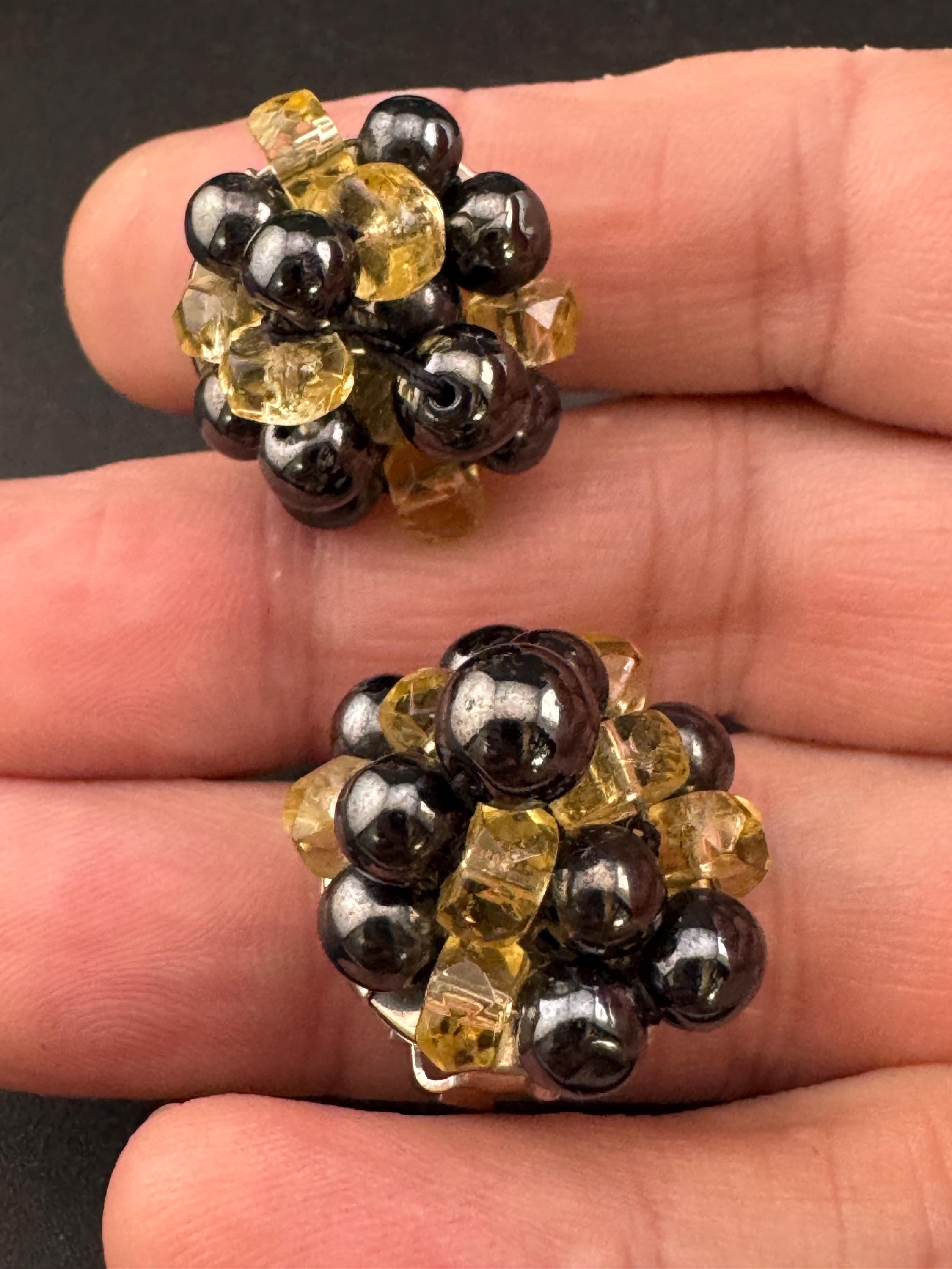 Vintage West Germany Glass Beaded Clip On Earrings: 1940s-50s Cluster