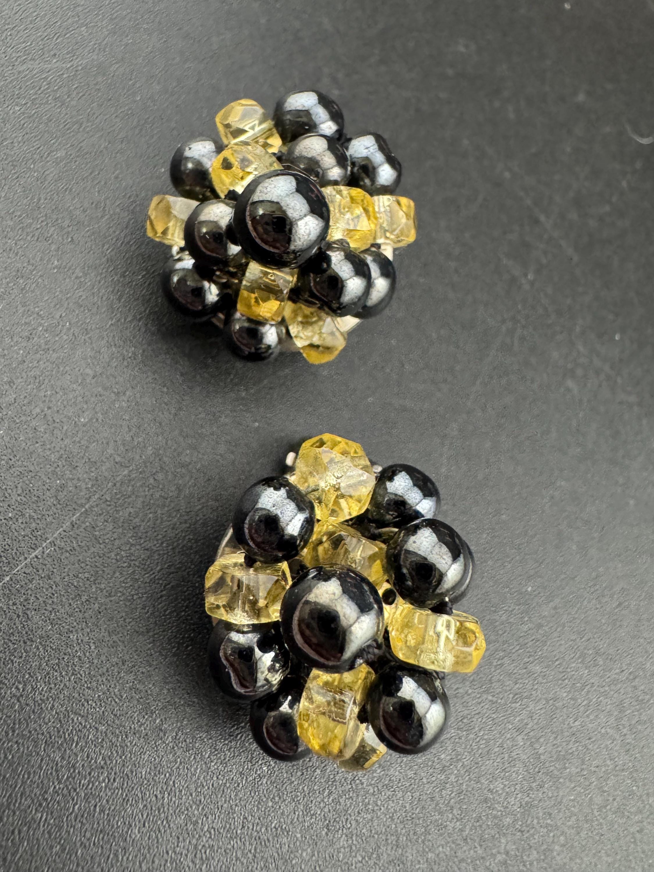 Vintage West Germany Glass Beaded Clip On Earrings: 1940s-50s Cluster