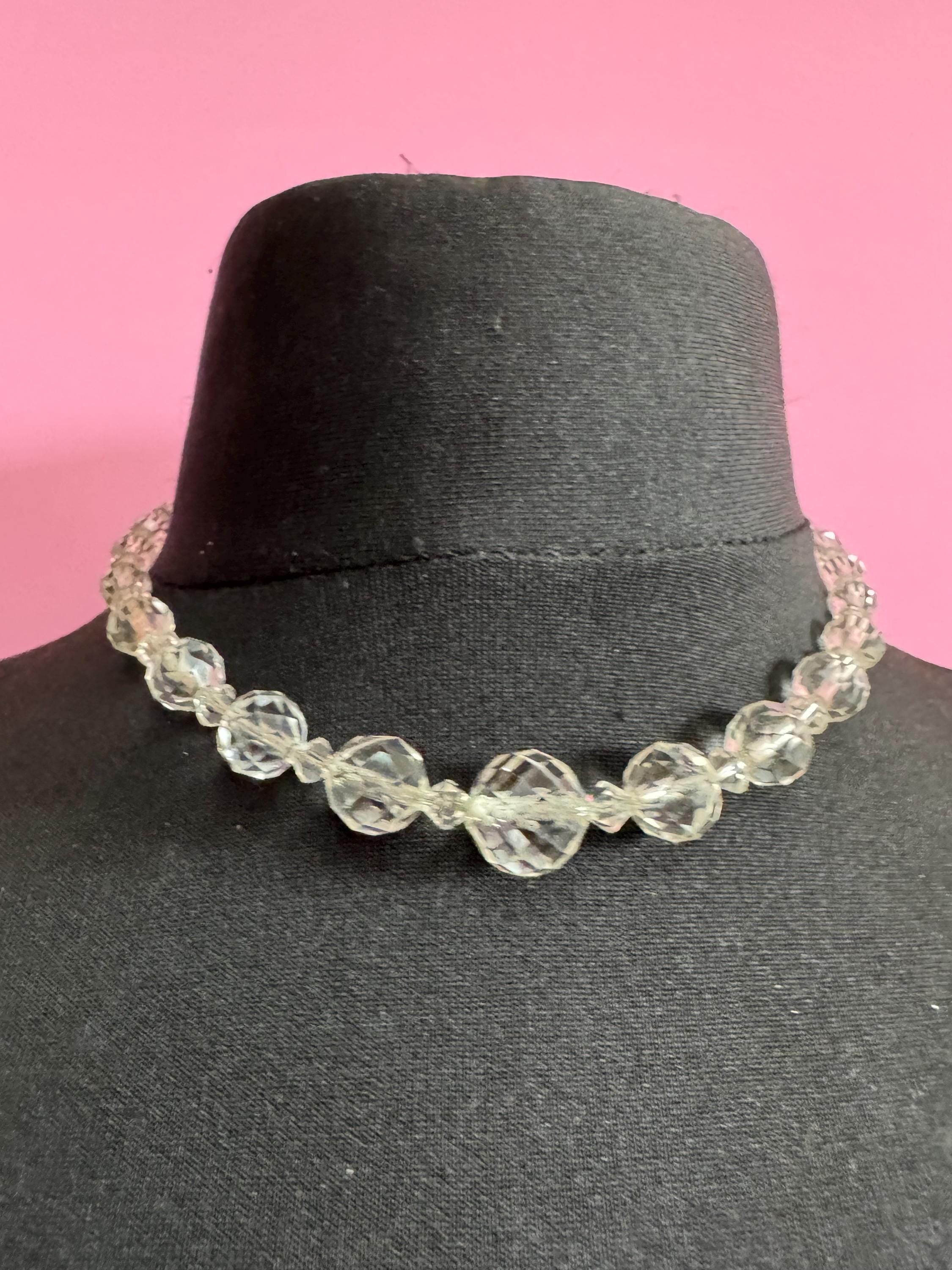 Vintage faceted clear crystal round beaded necklace 43cm art deco