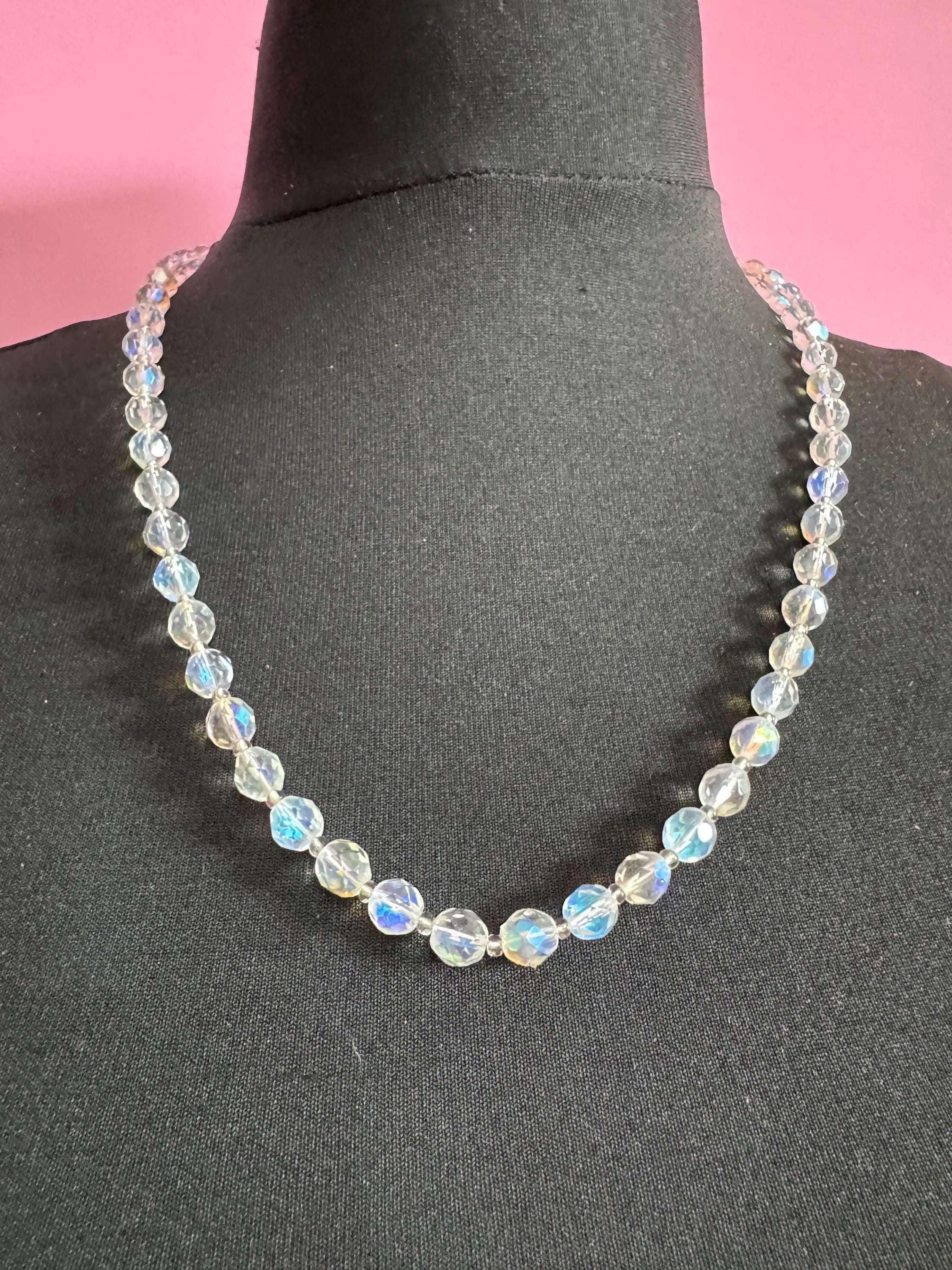 Art Deco clear aB Aurora borealis glass Crystal beaded necklace mid length 62cm mid century