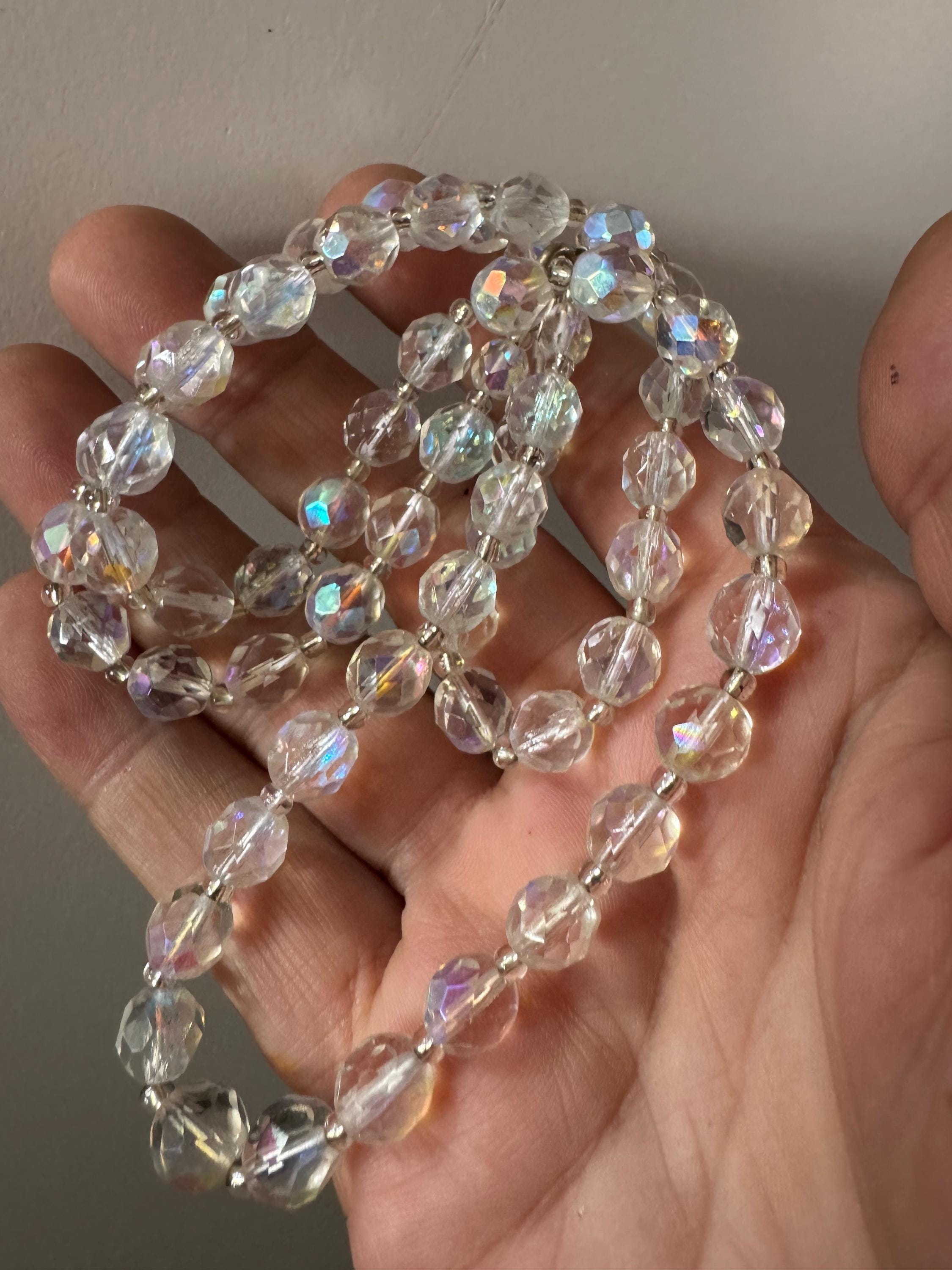 Art Deco clear aB Aurora borealis glass Crystal beaded necklace mid length 62cm mid century