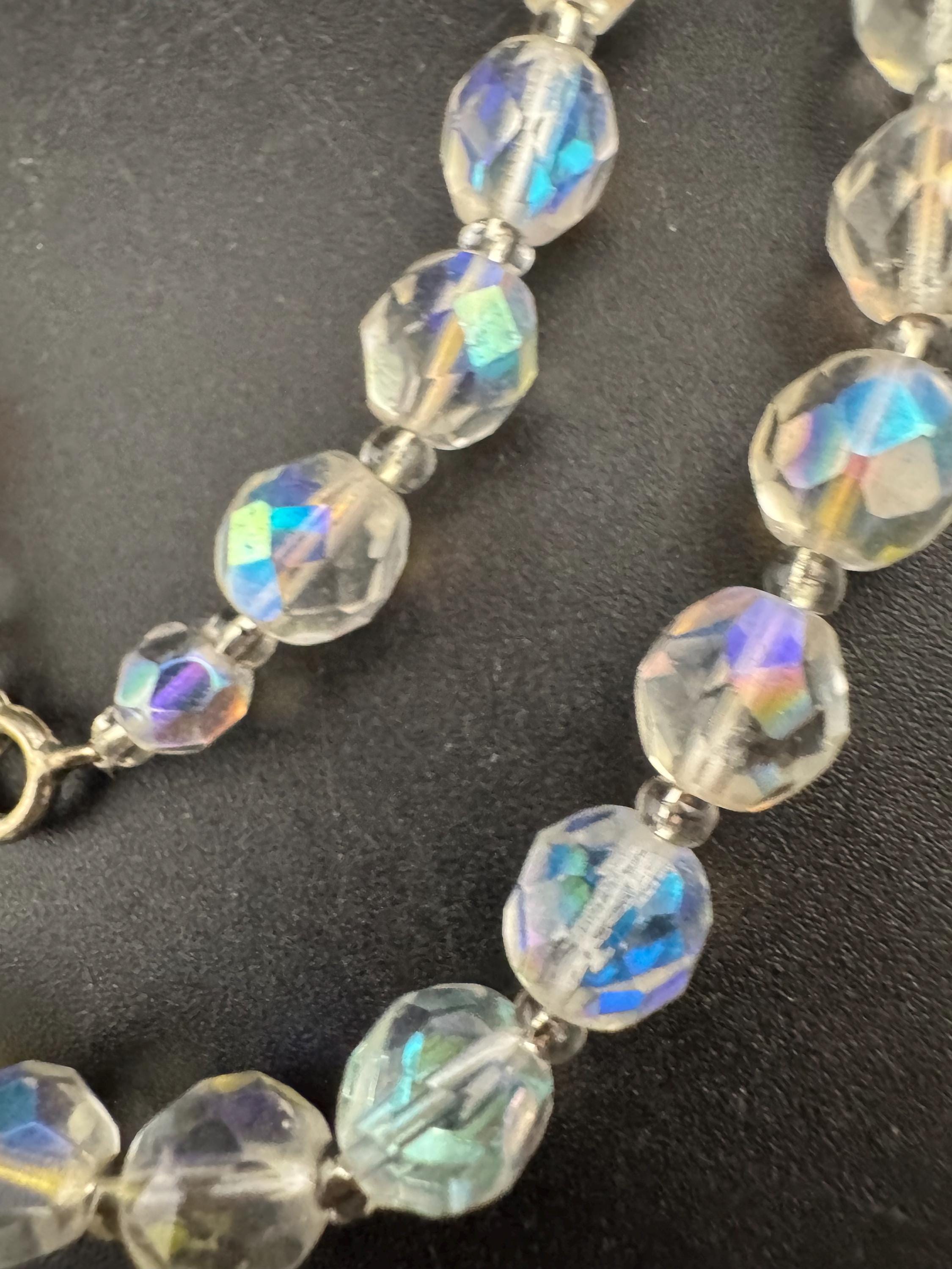 Art Deco clear aB Aurora borealis glass Crystal beaded necklace mid length 62cm mid century