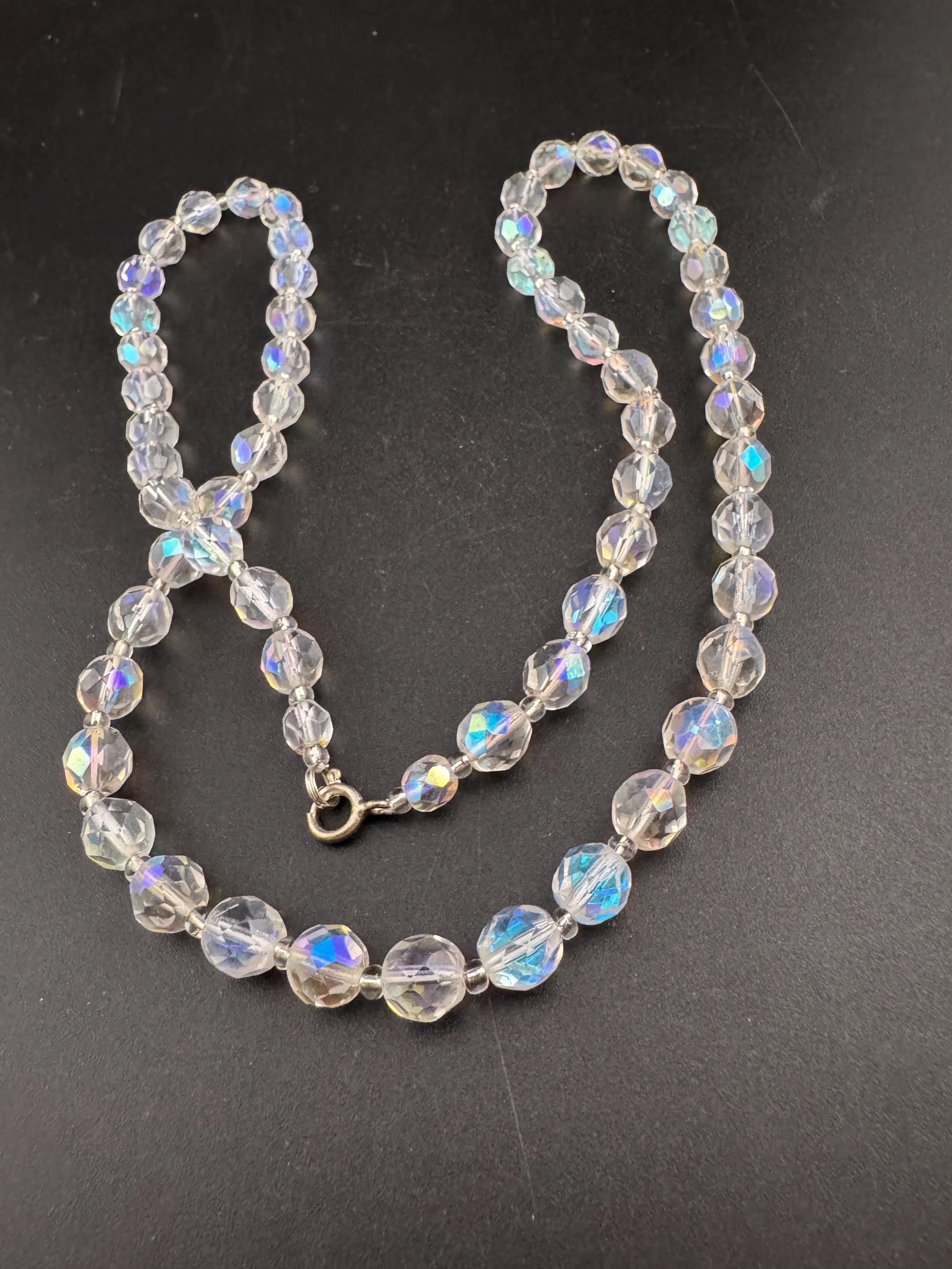 Art Deco clear aB Aurora borealis glass Crystal beaded necklace mid length 62cm mid century