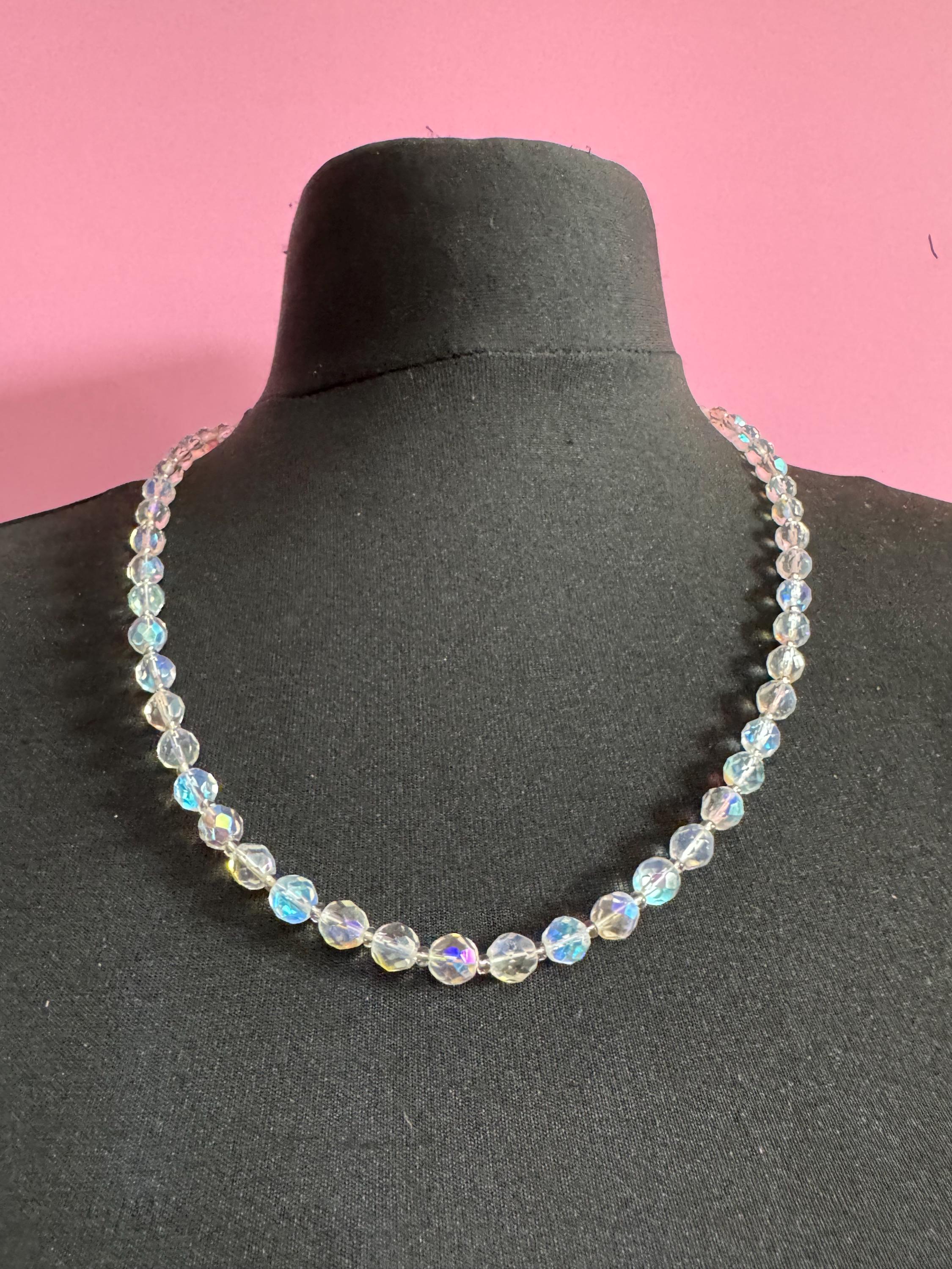 Art Deco clear aB Aurora borealis glass Crystal beaded necklace mid length 62cm mid century