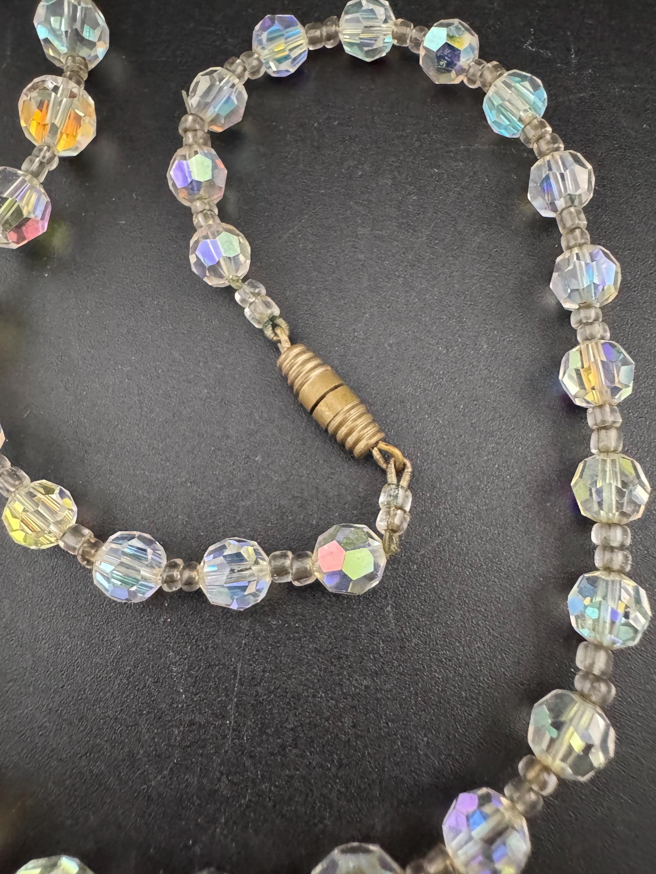 Art Deco clear aB Aurora borealis glass Crystal beaded necklace 51cm mid century