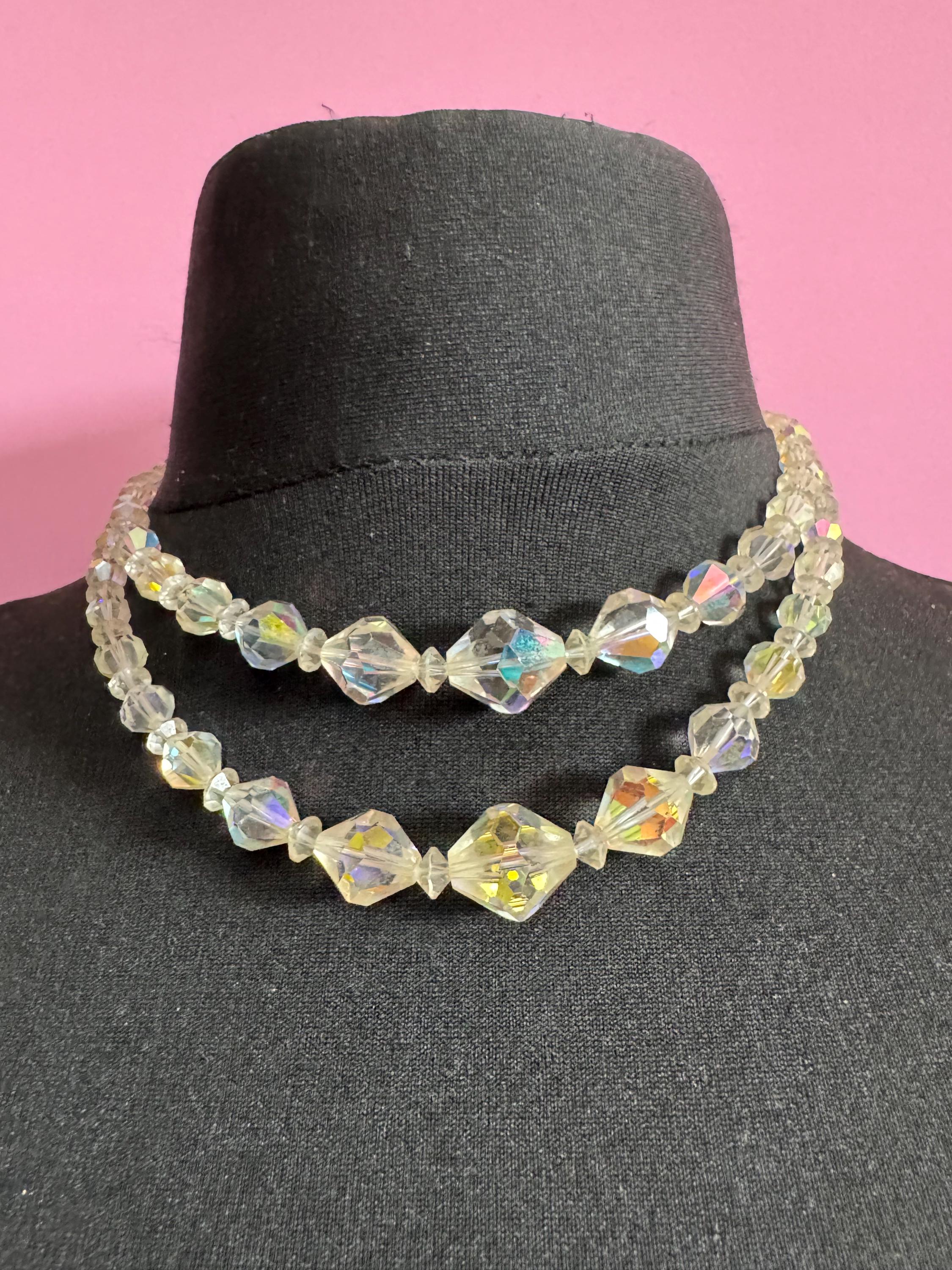 Art Deco clear AB rainbow Aurora borealis glass Crystal 2 row double strand beaded collar necklace beautiful clasp