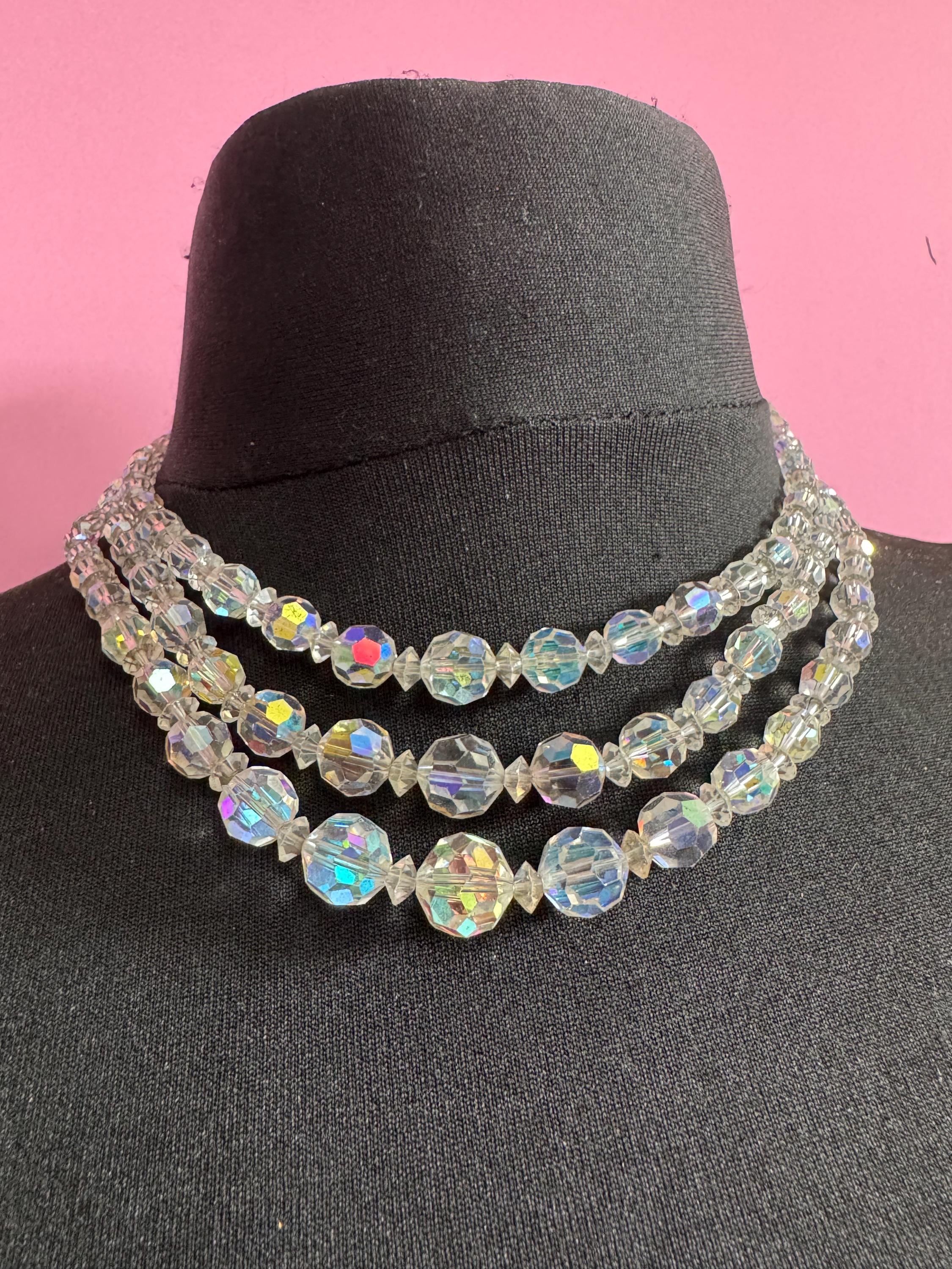 Art Deco clear AB rainbow Aurora borealis glass Crystal 3 row triple strand beaded bead necklace choker festoon waterfall
