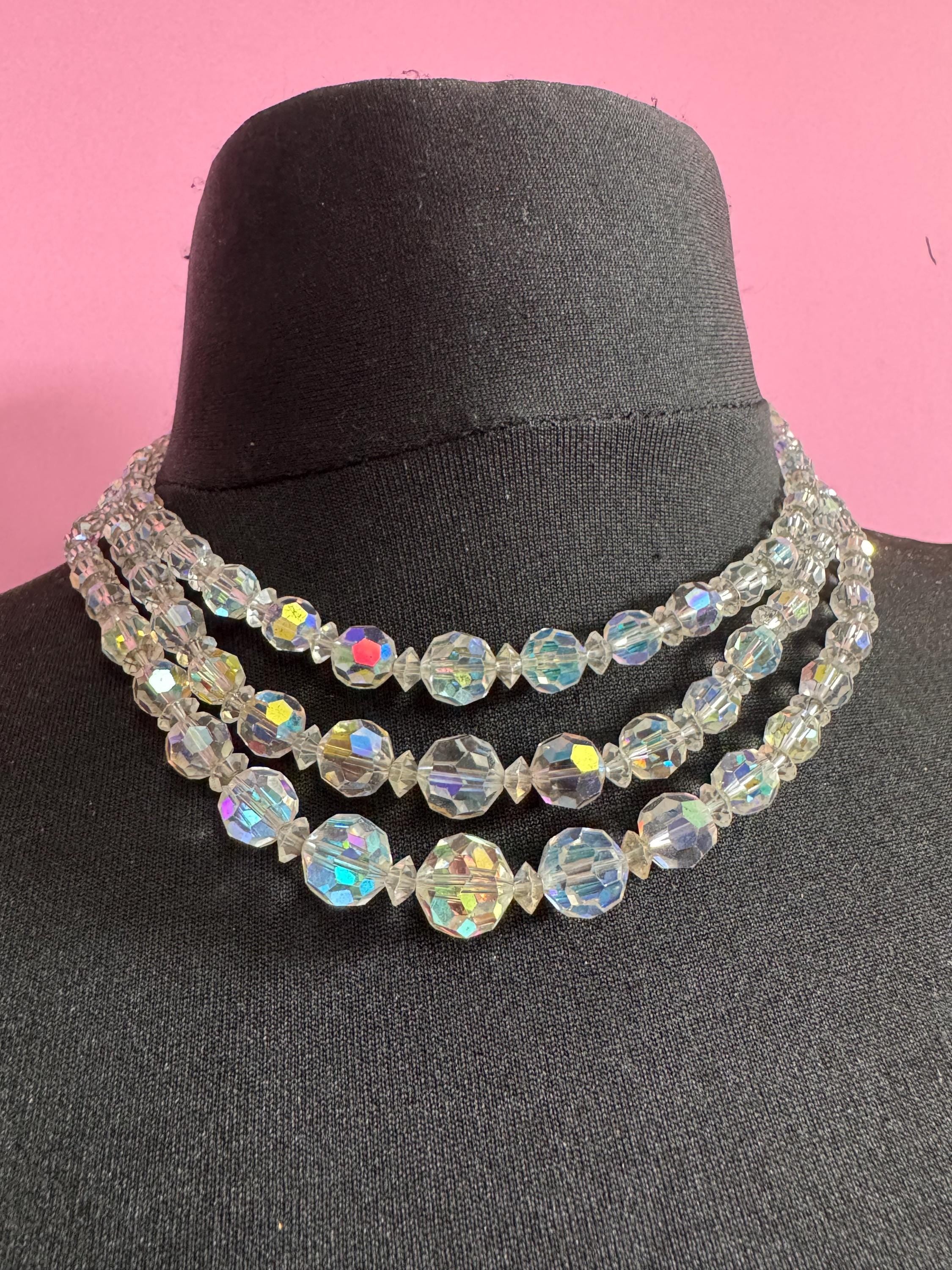Art Deco clear AB rainbow Aurora borealis glass Crystal 3 row triple strand beaded bead necklace choker festoon waterfall