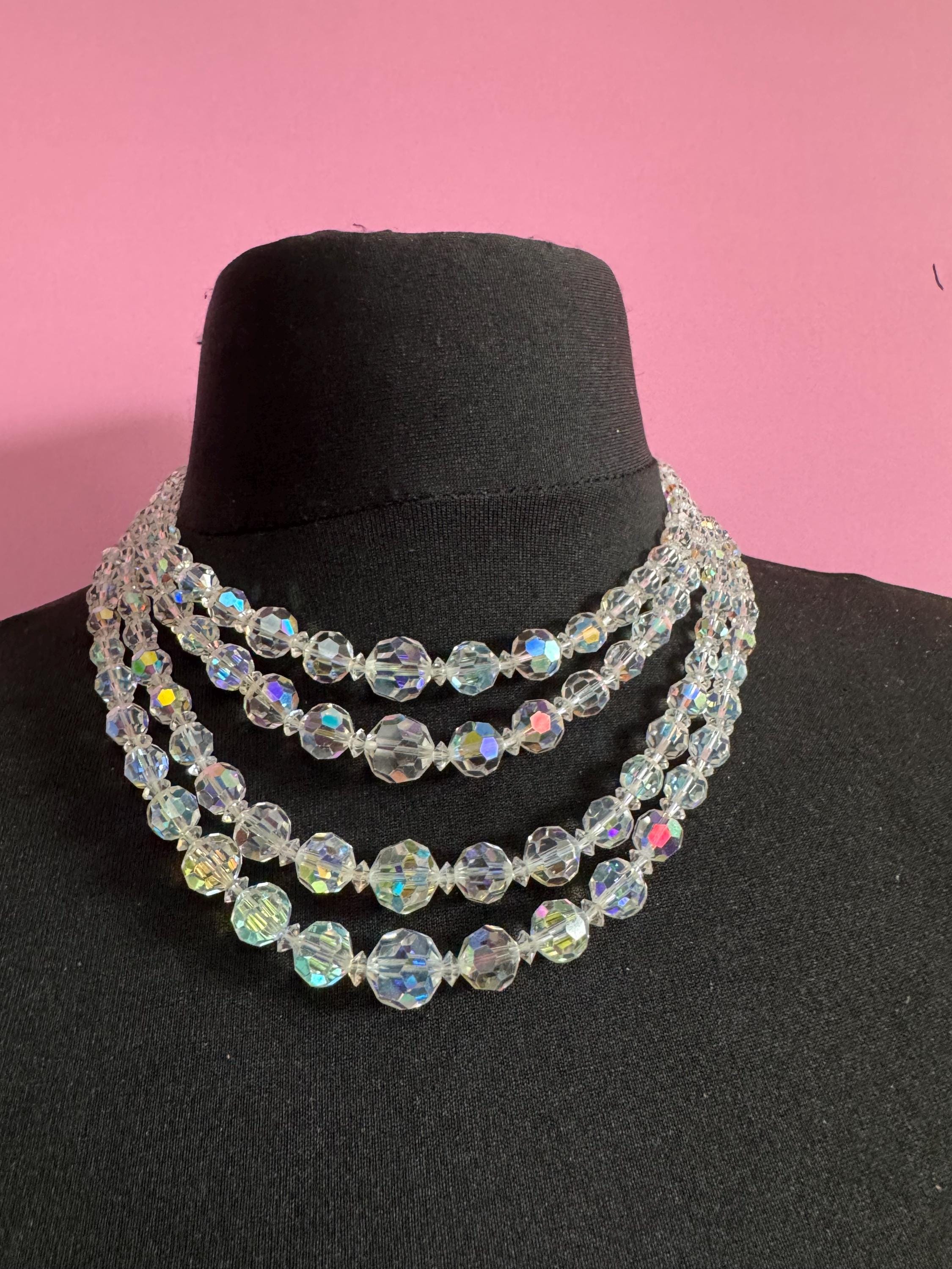 Art Deco clear AB rainbow Aurora borealis glass Crystal 3 row beaded necklace