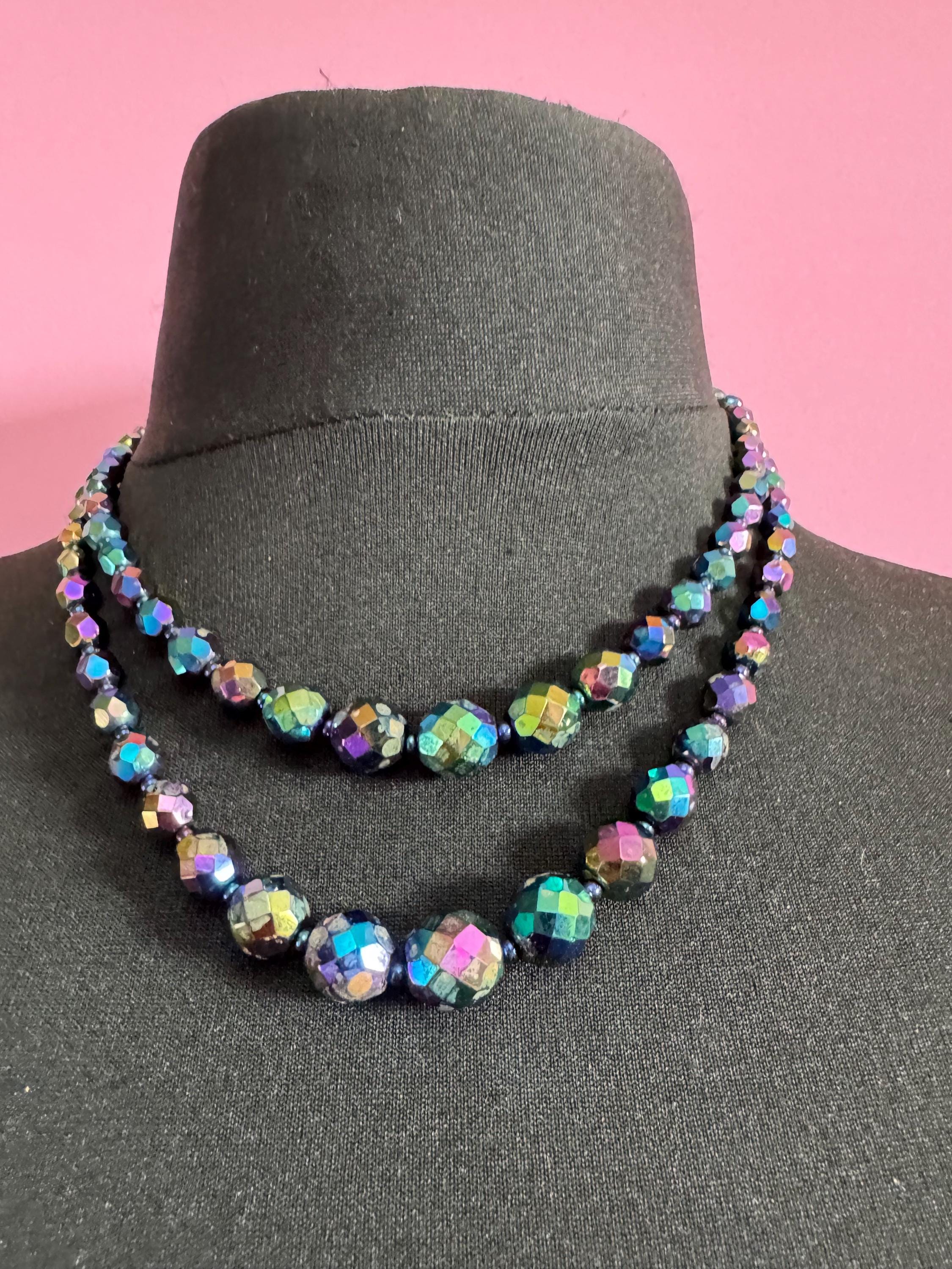 Vintage 1950s 2 row carnival peacock AB Aurora Borealis glass double strand  knotted bead black necklace