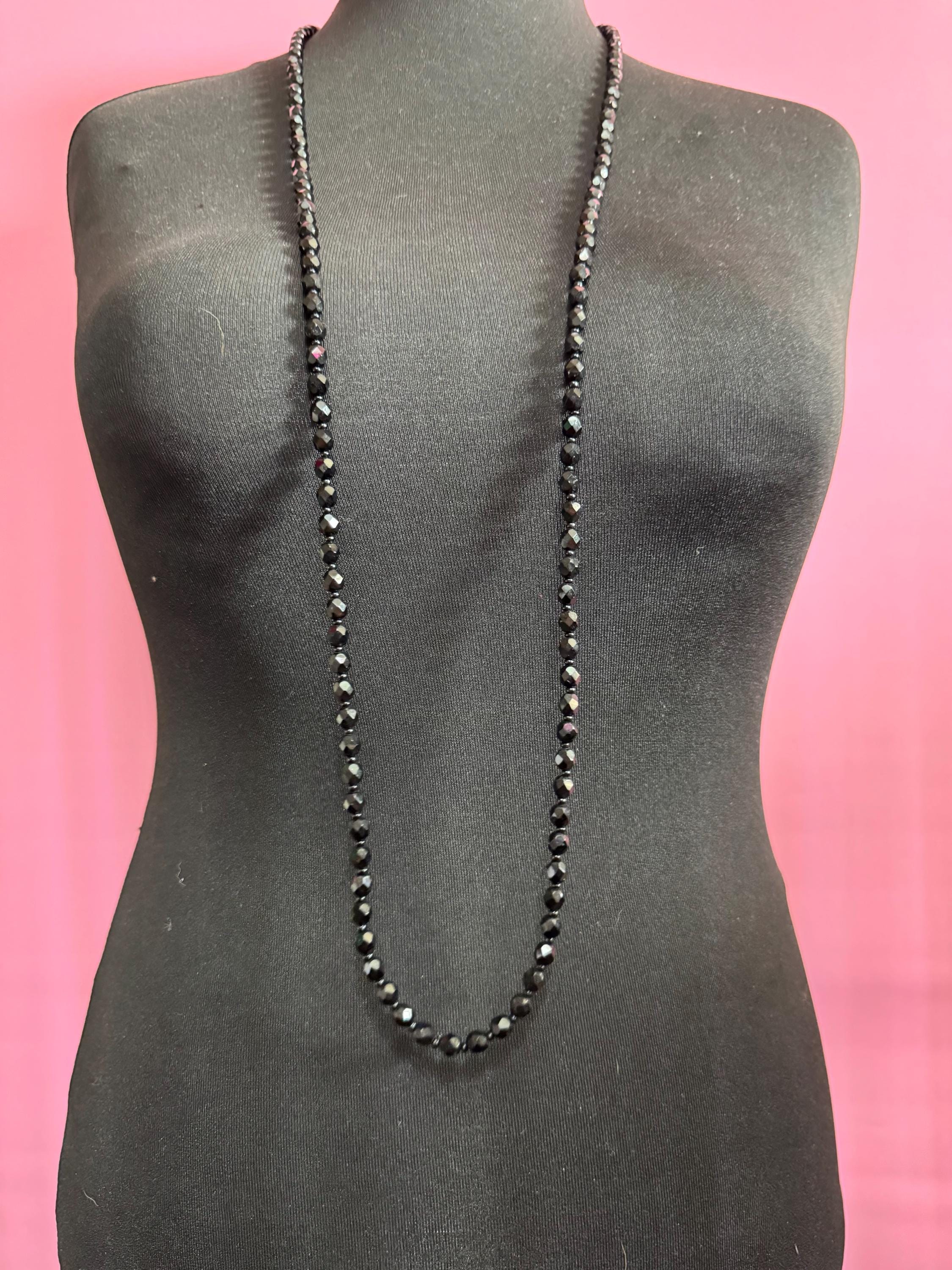 120 cm long vintage French Jet Black Glass long beaded flapper necklace faceted glass beads vintage art deco 1920s 1930s