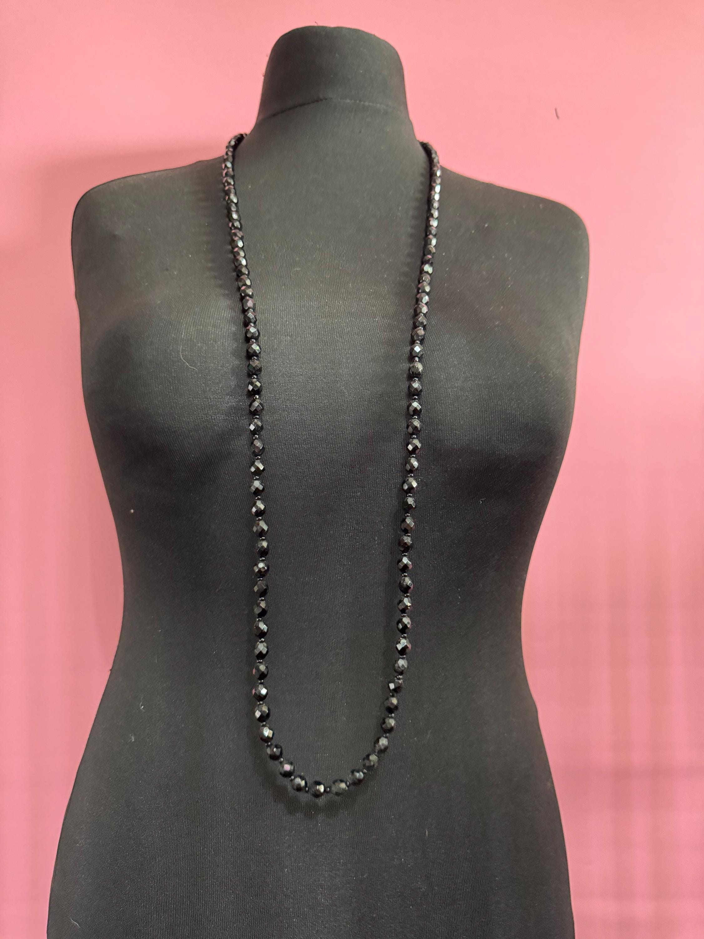 120 cm long vintage French Jet Black Glass long beaded flapper necklace faceted glass beads vintage art deco 1920s 1930s
