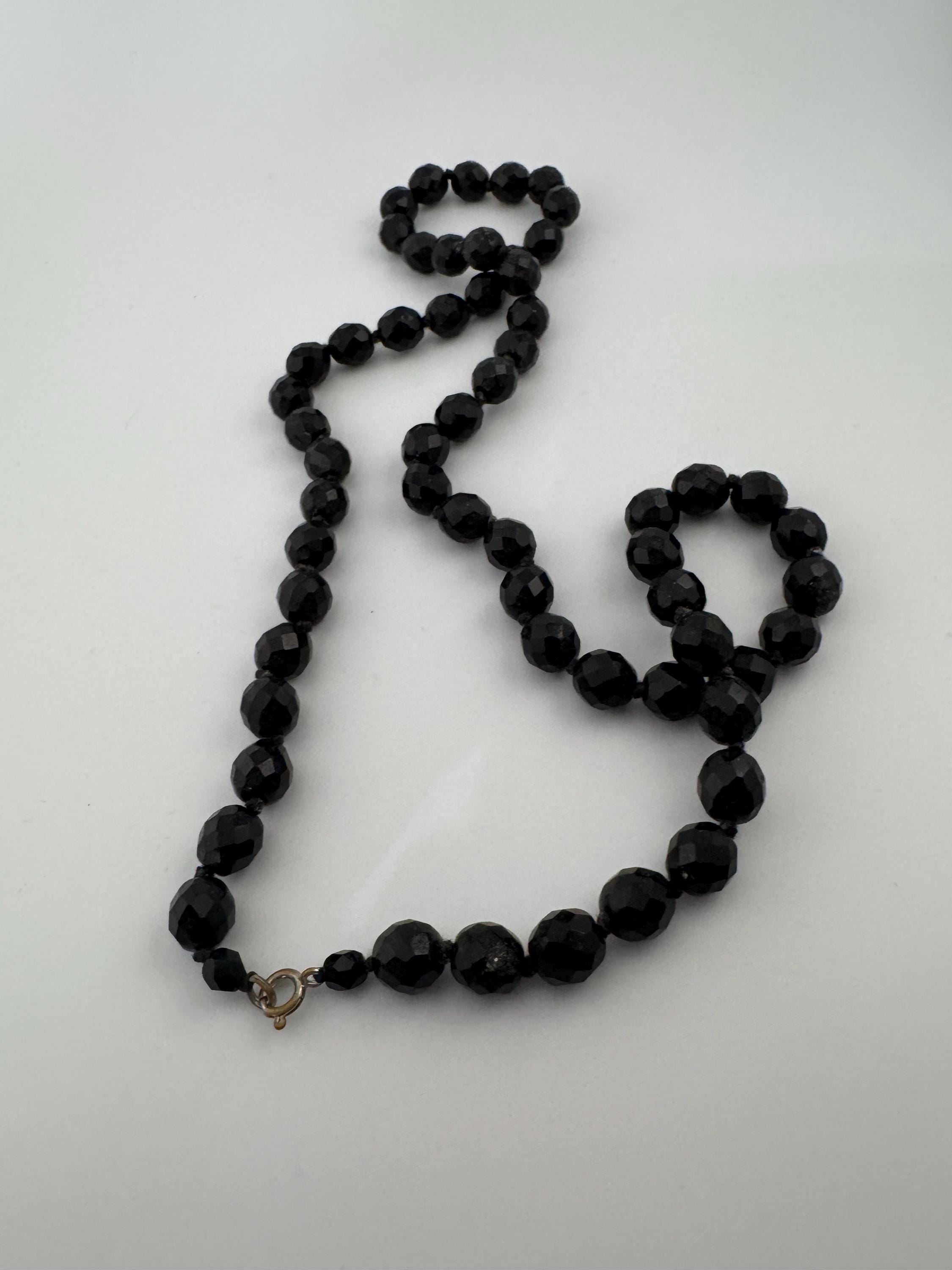 Vintage French Jet Black Glass Flapper Necklace: Art Deco Long Beaded