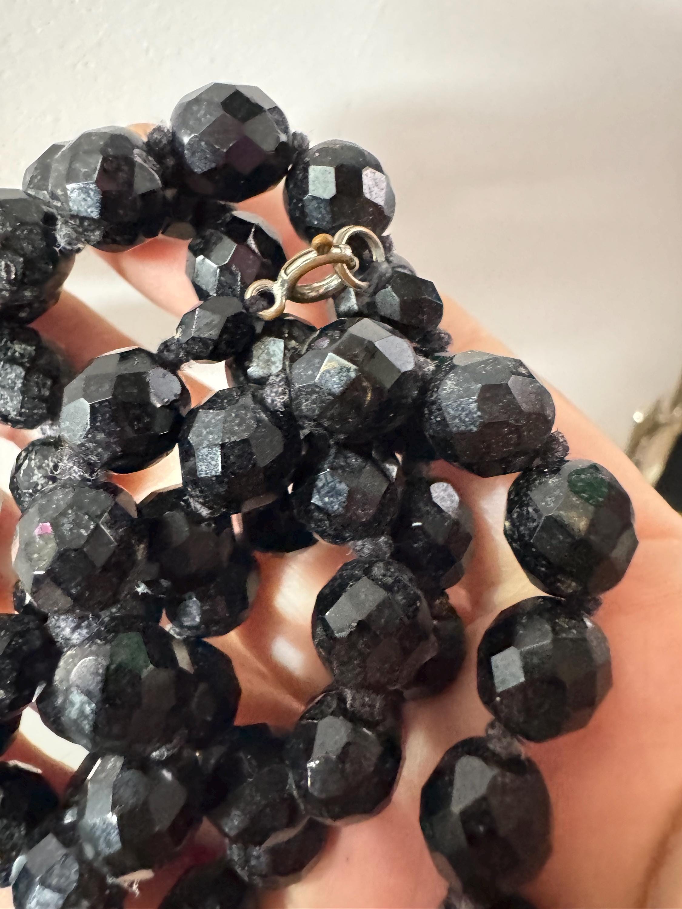 Vintage French Jet Black Glass Flapper Necklace: Art Deco Long Beaded