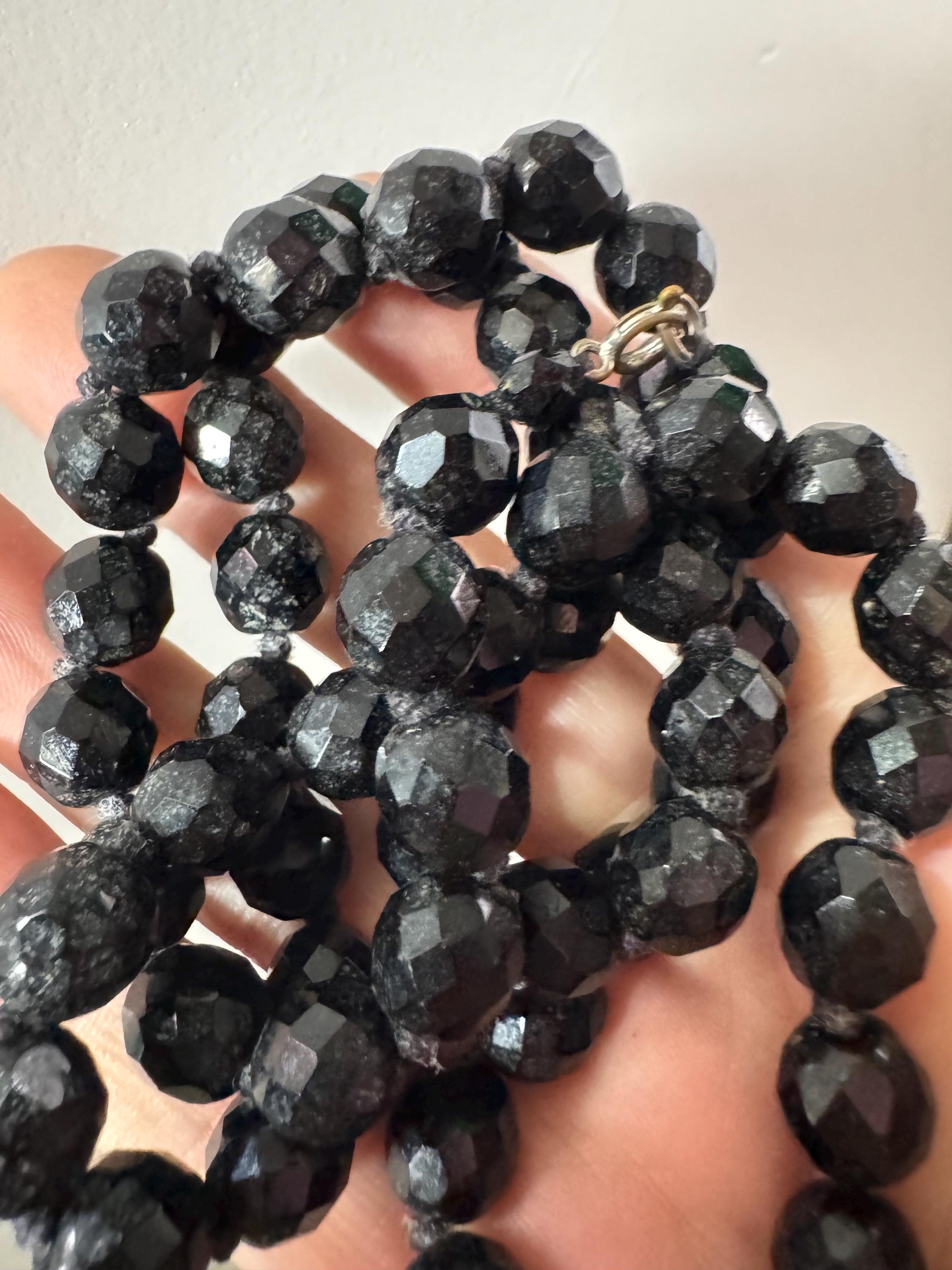 Vintage French Jet Black Glass Flapper Necklace: Art Deco Long Beaded