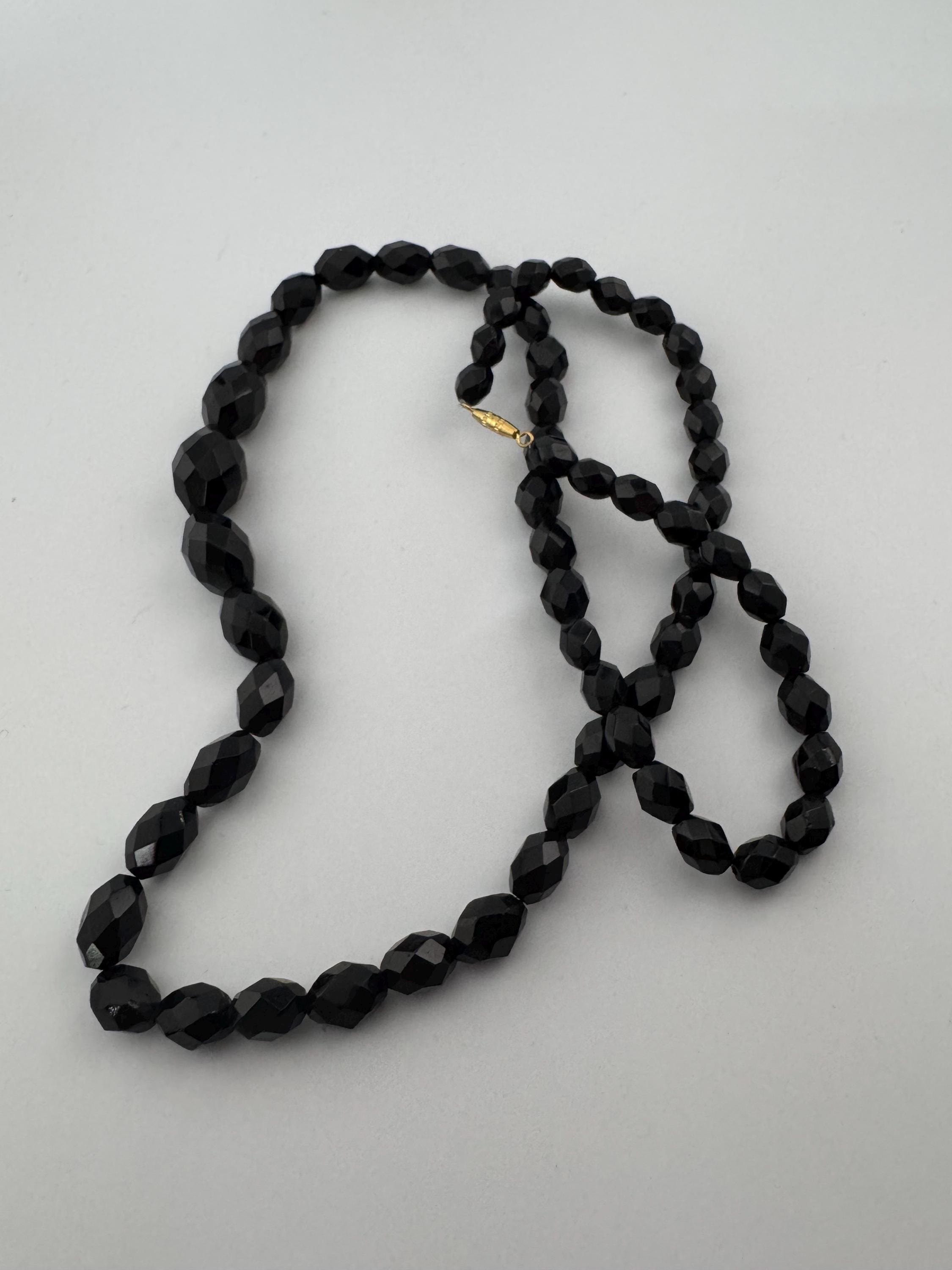Vintage French Jet Black Glass Flapper Necklace: Art Deco Long Beaded Necklace