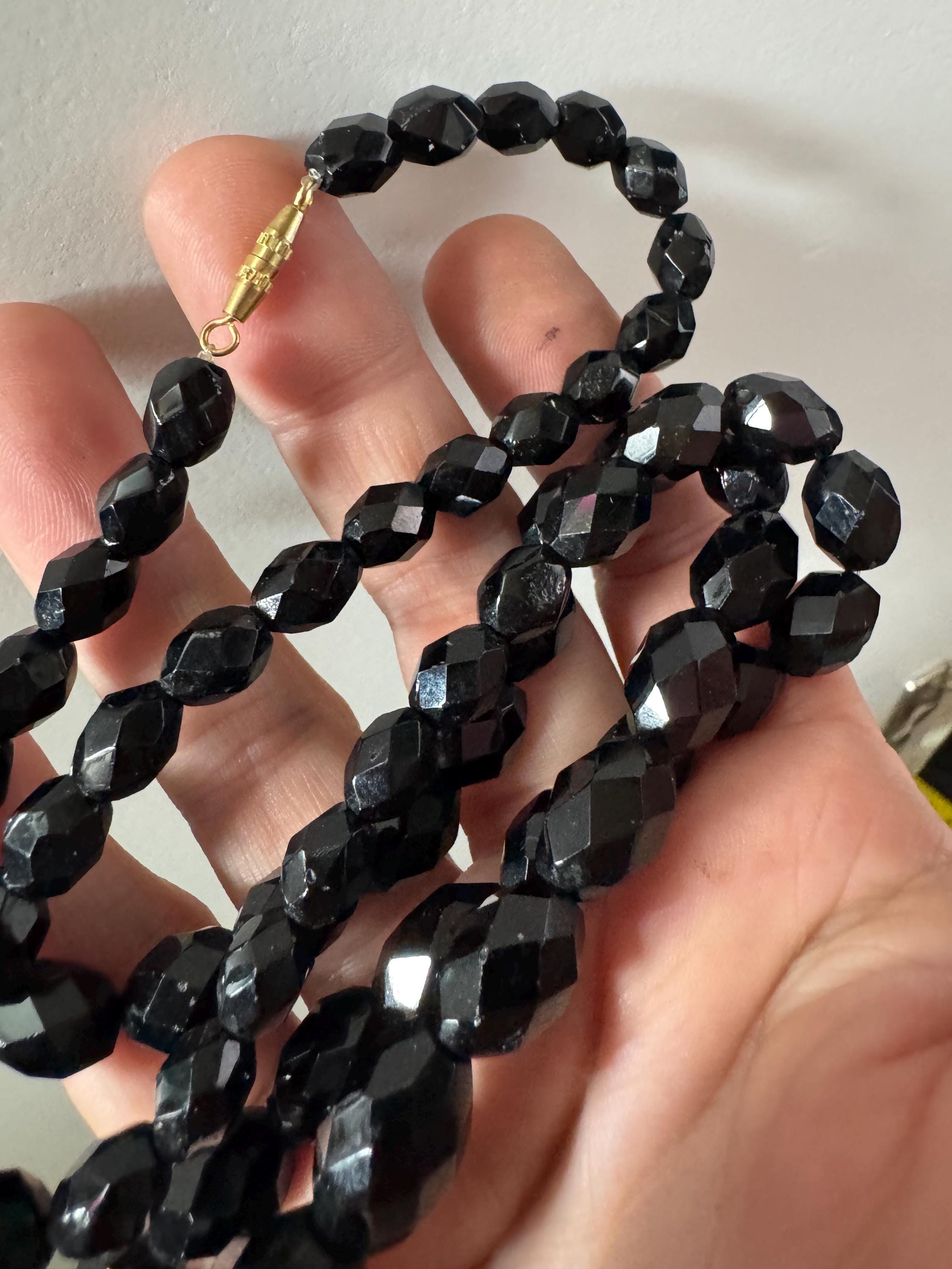 Vintage French Jet Black Glass Flapper Necklace: Art Deco Long Beaded Necklace