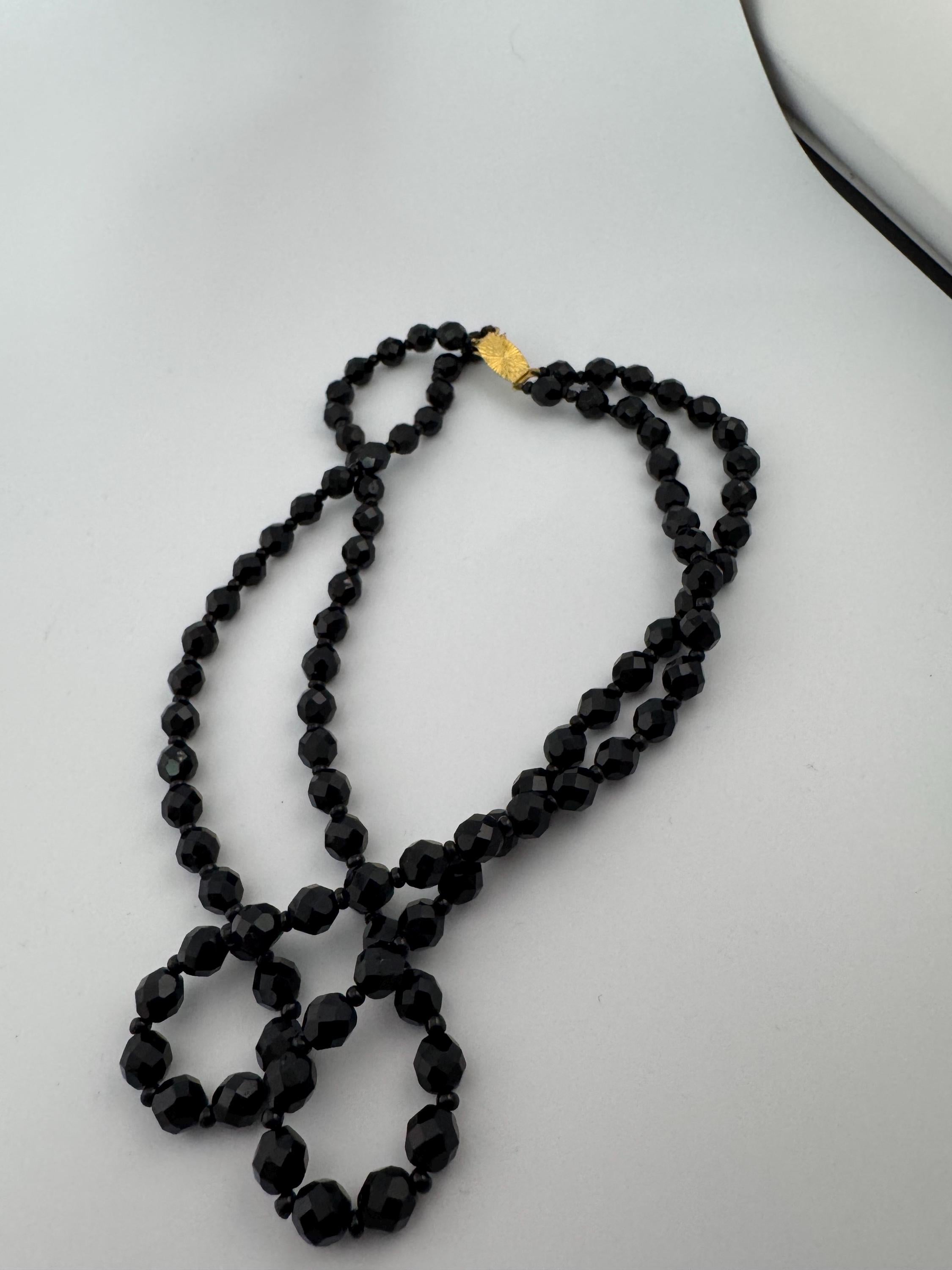 Vintage French Jet Black Glass Beaded Necklace: Art Deco 1920s Style