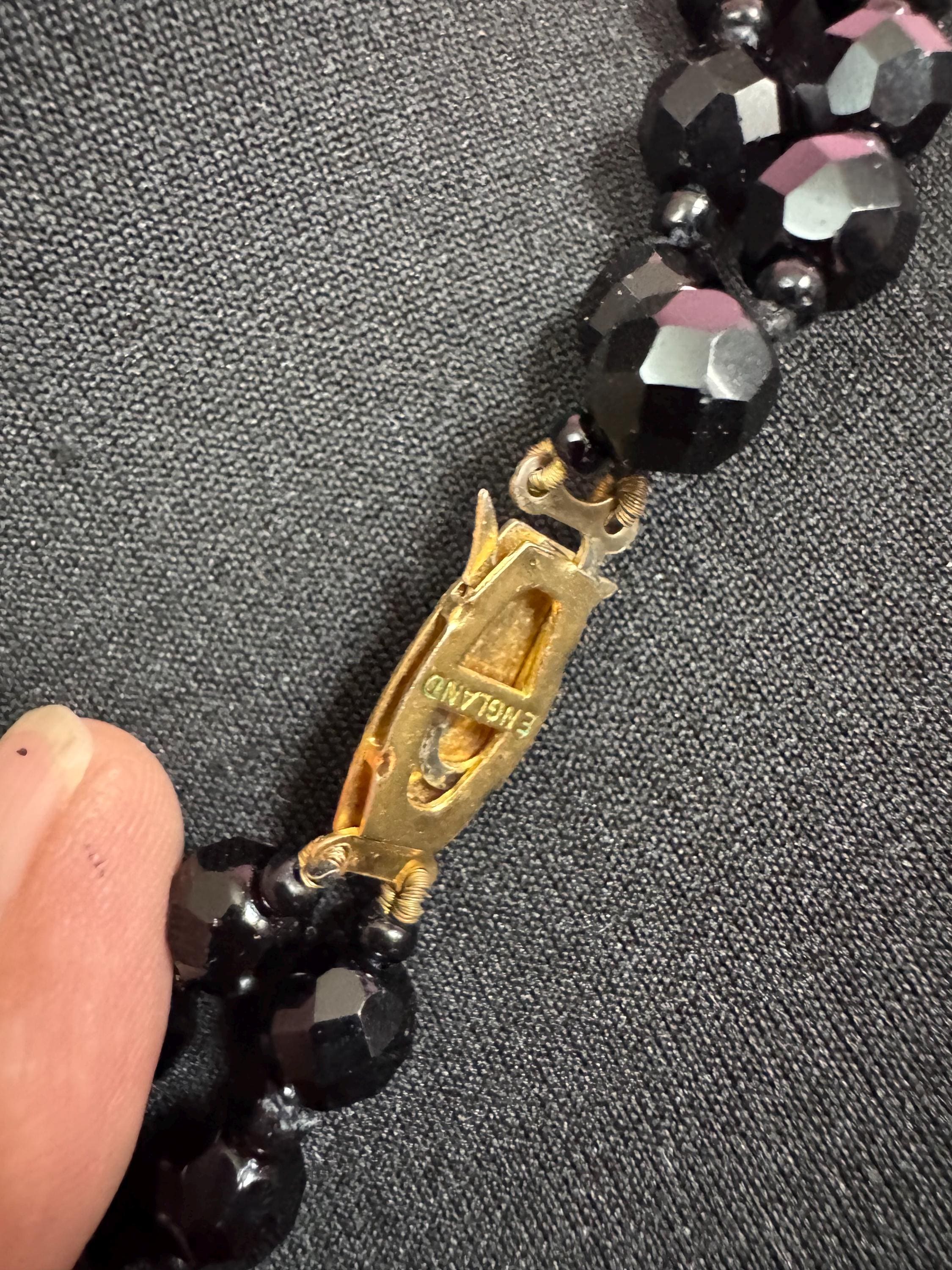 Vintage French Jet Black Glass Beaded Necklace: Art Deco 1920s Style