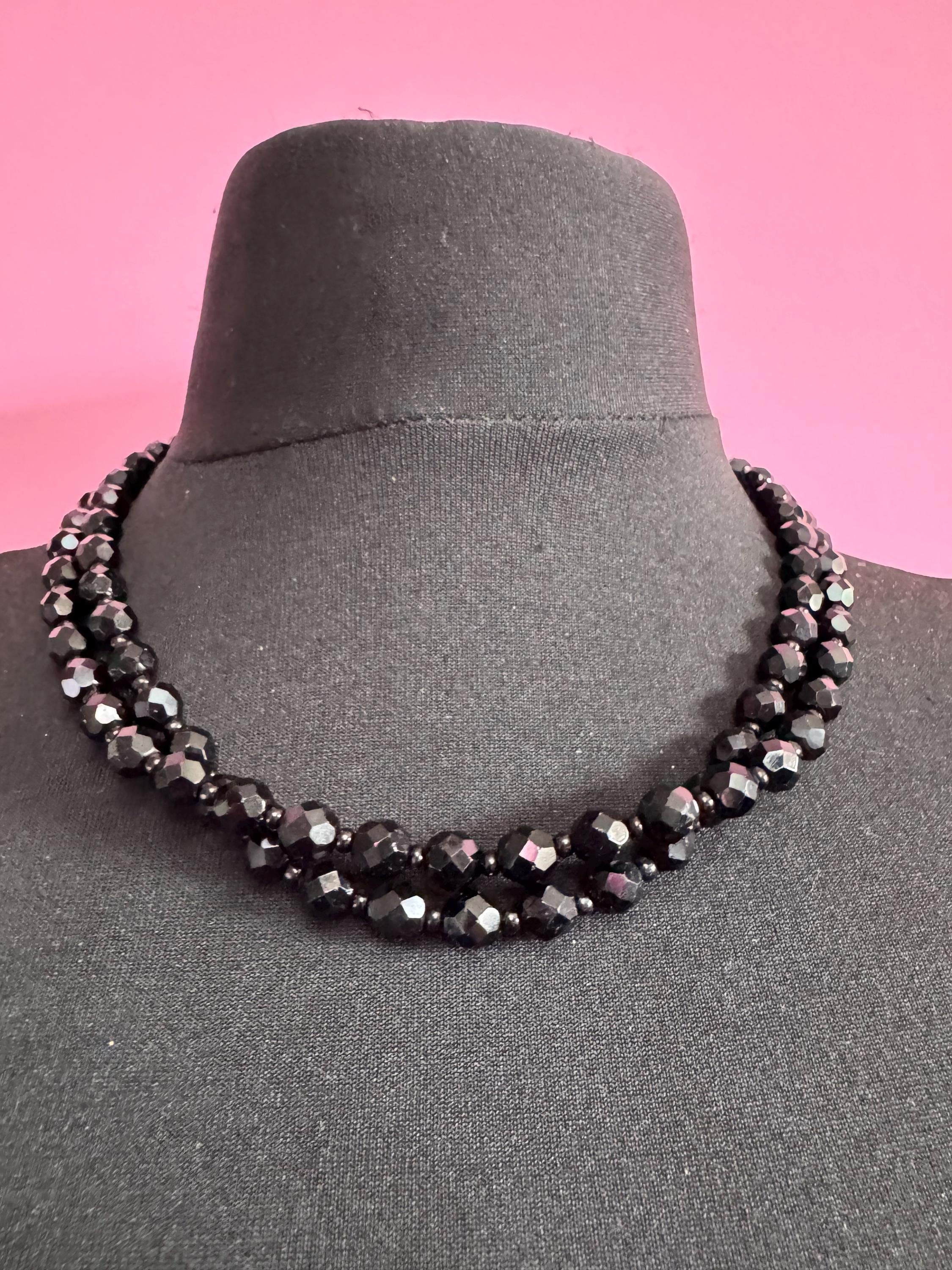 Vintage French Jet Black Glass Beaded Necklace: Art Deco 1920s Style