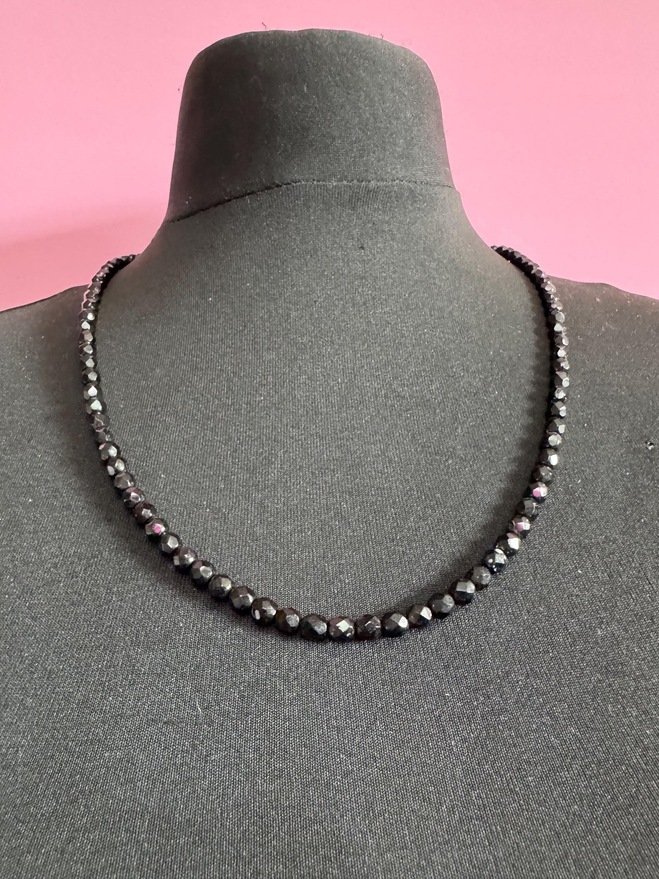 64cm long vintage French Jet Black Glass long beaded mid length necklace faceted glass beads vintage art deco 1920s 1930s