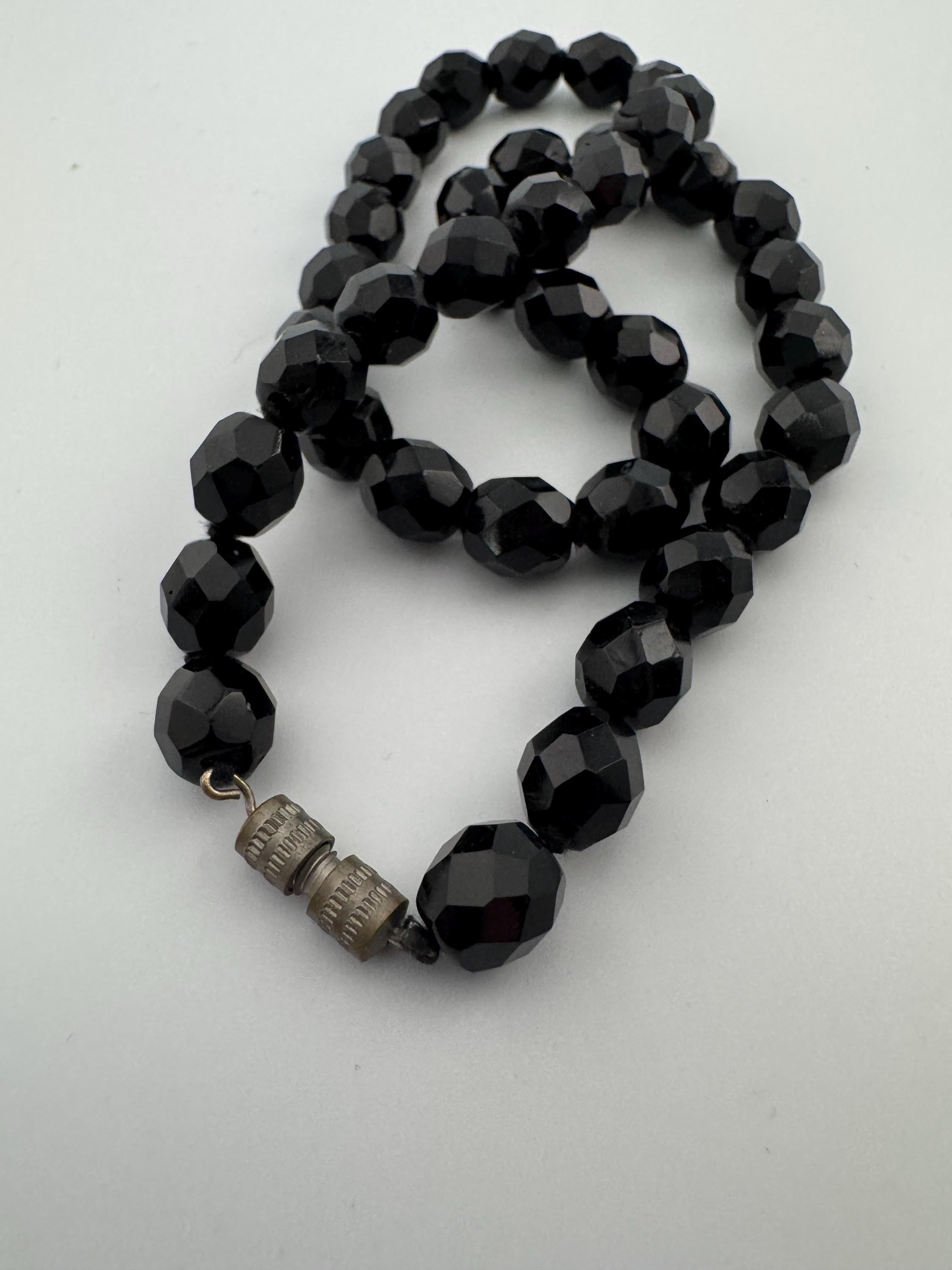 44cm short vintage French Jet Black Glass long beaded collar choker necklace, faceted glass beads vintage art deco 1920s 1930s