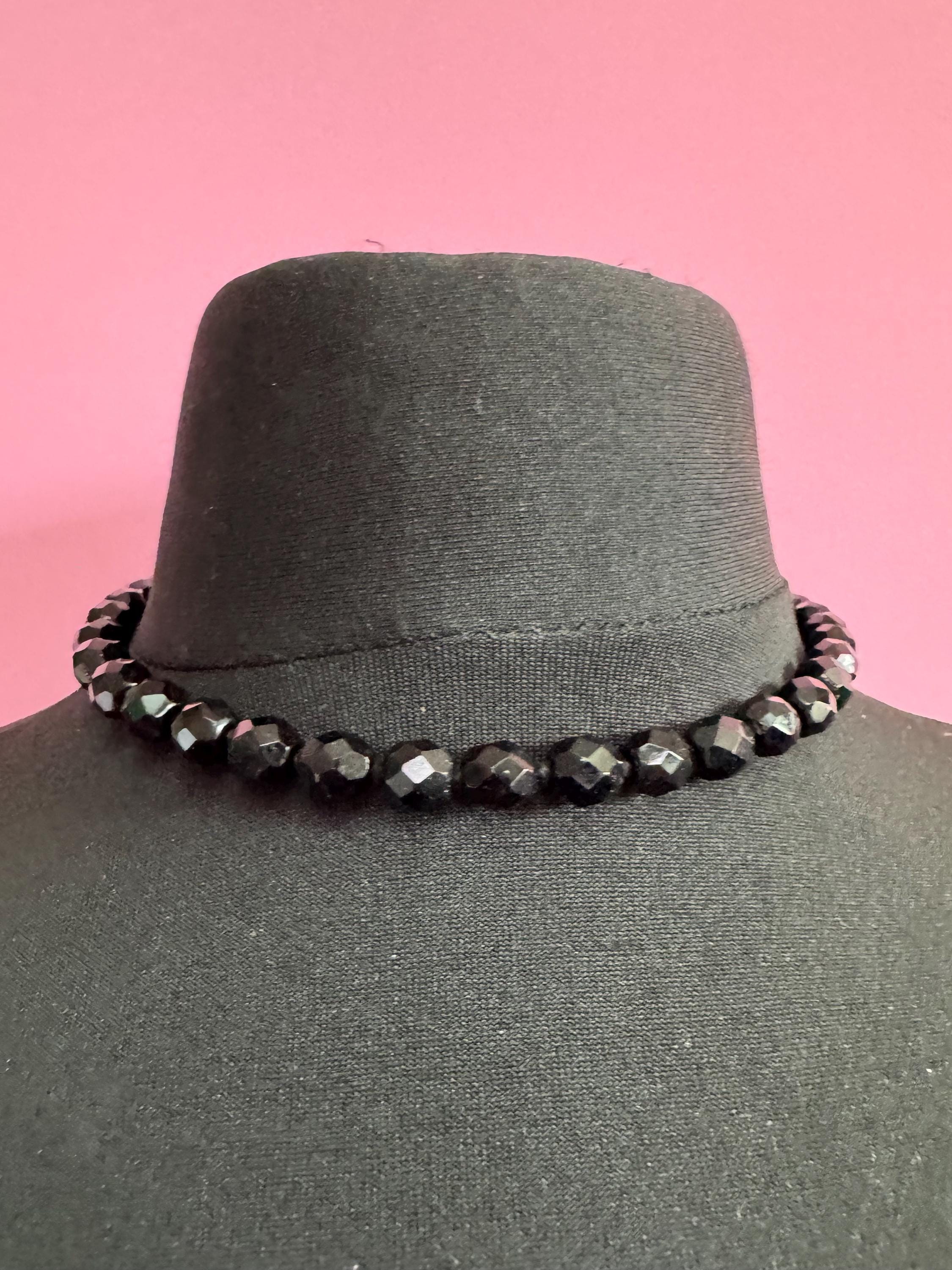 44cm short vintage French Jet Black Glass long beaded collar choker necklace, faceted glass beads vintage art deco 1920s 1930s
