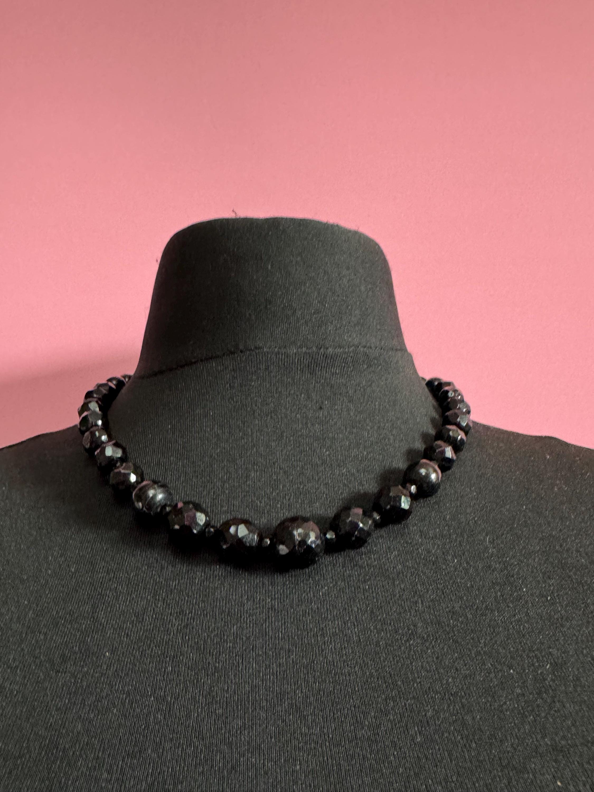 As found 49cm short vintage French Jet Black Glass long beaded collar choker necklace, faceted glass beads vintage art deco 1920s 1930s